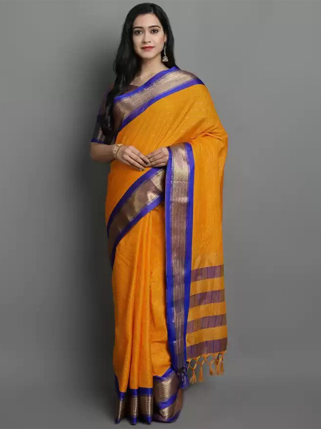 

mimi design Checked Woven Design Kanjeevaram Saree, Orange