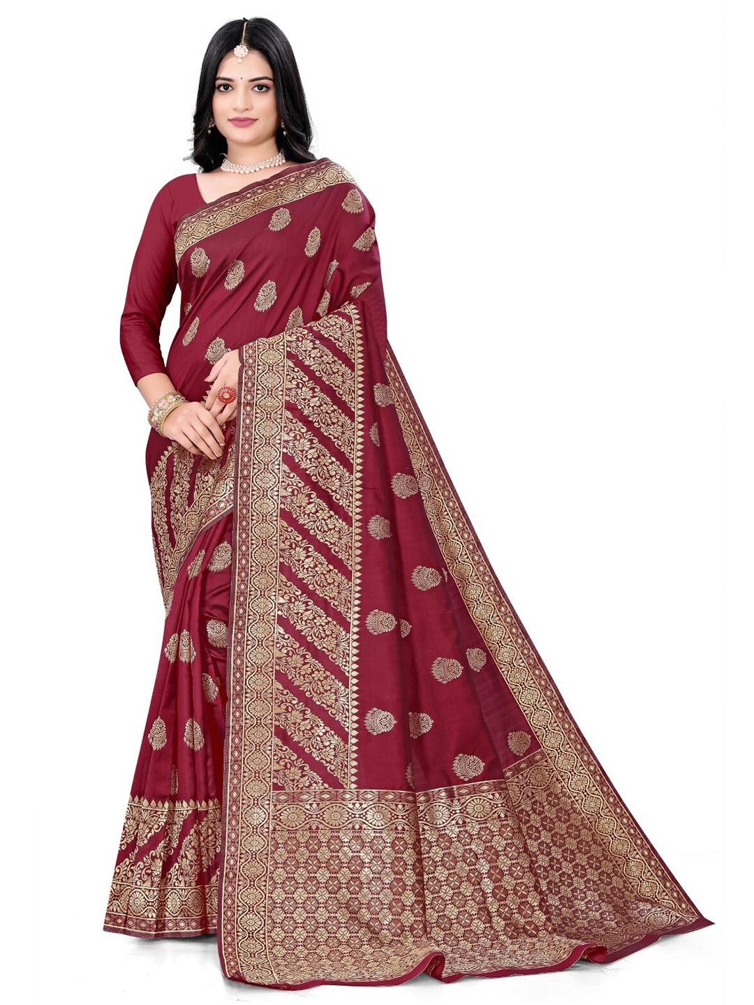 

mimi design Ethnic Motifs Woven Design Kanjeevaram Saree, Red