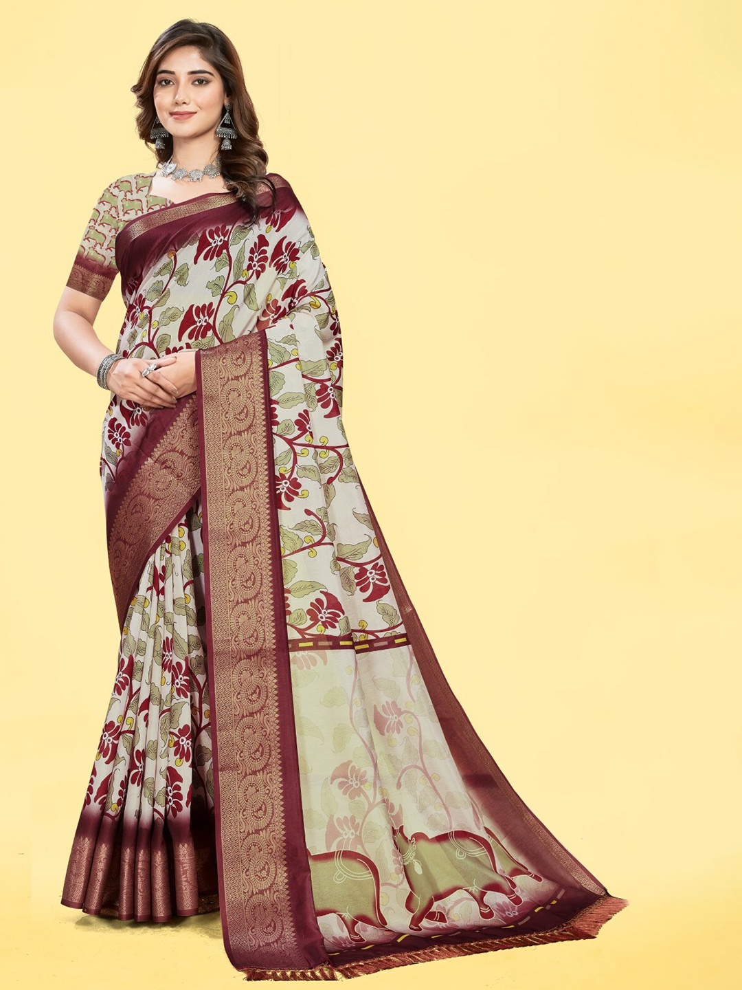 

mimi design Floral Printed Kanjeevaram Saree, Maroon