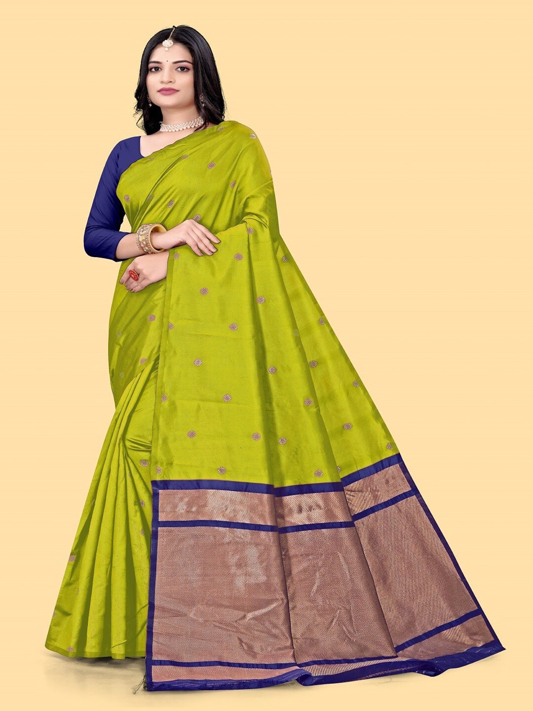 

mimi design Ethnic Motifs Woven Design Saree, Green