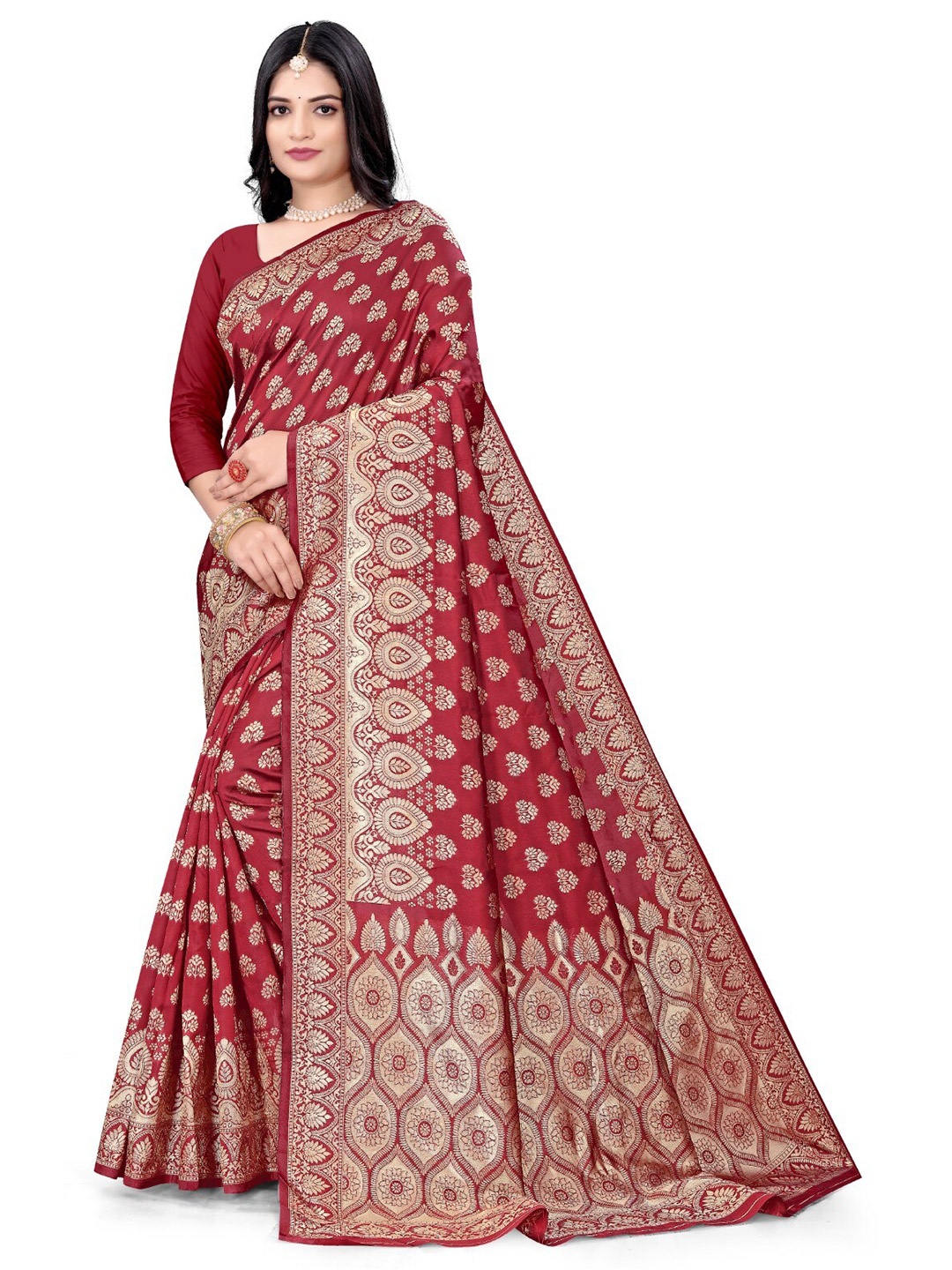 

mimi design Ethnic Motifs Woven Design Kanjeevaram Saree, Red