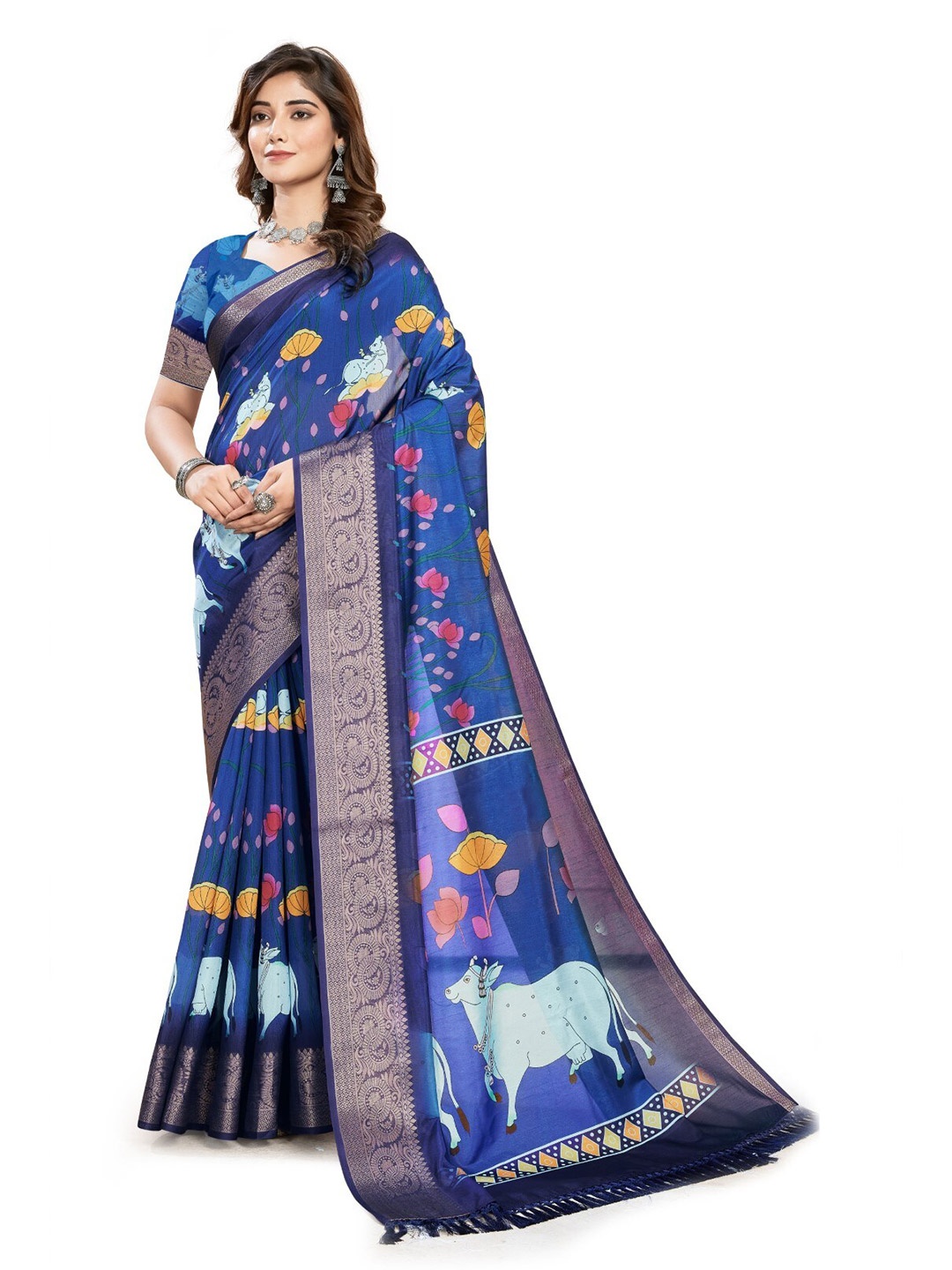 

mimi design Floral Printed Zari Detailed Saree, Navy blue