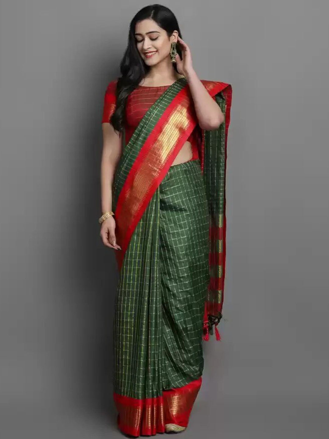 

mimi design Checked Woven Design Kanjeevaram Saree, Green