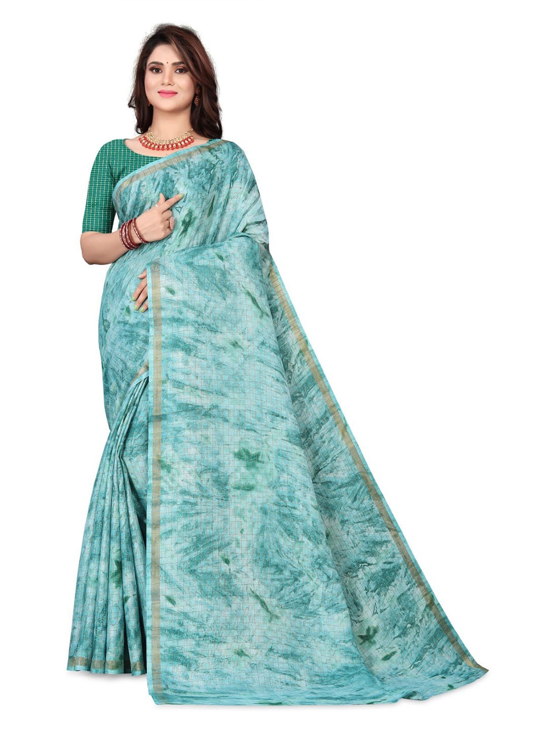 

mimi design Checked Kanjeevaram Saree, Blue