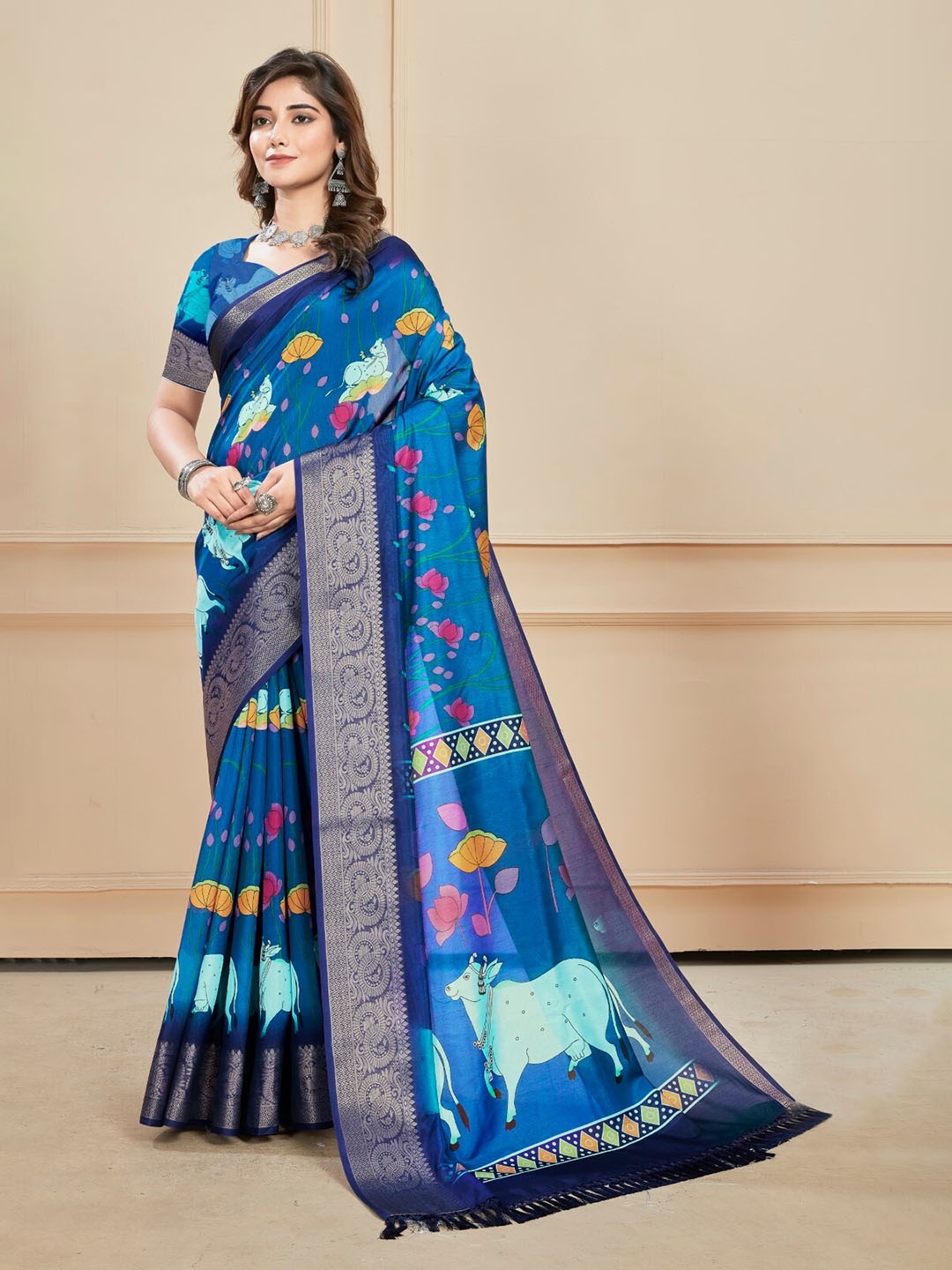 

mimi design Kalamkari Printed Kanjeevaram Saree, Navy blue