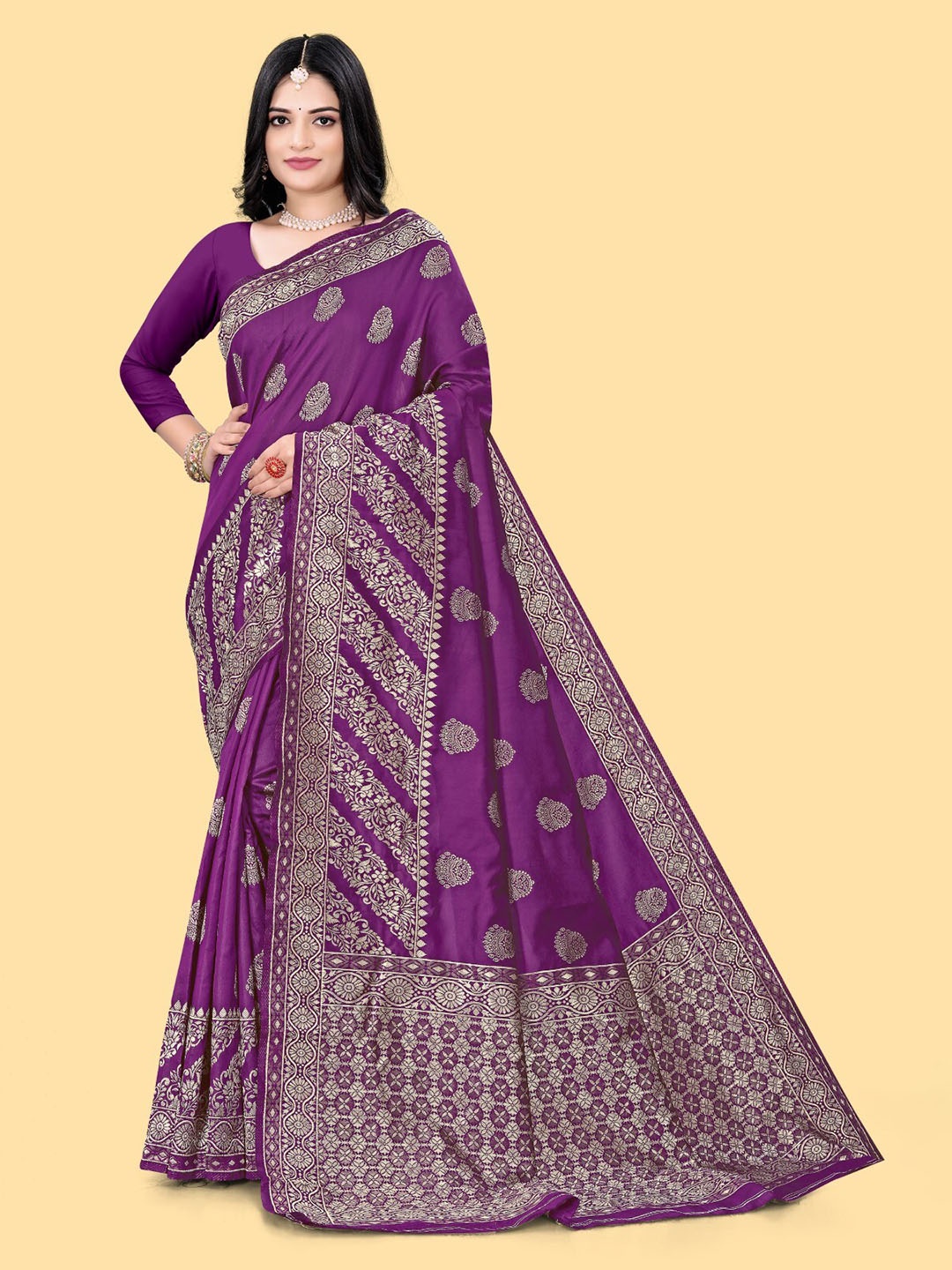 

mimi design Ethnic Motifs Woven Design Saree, Purple