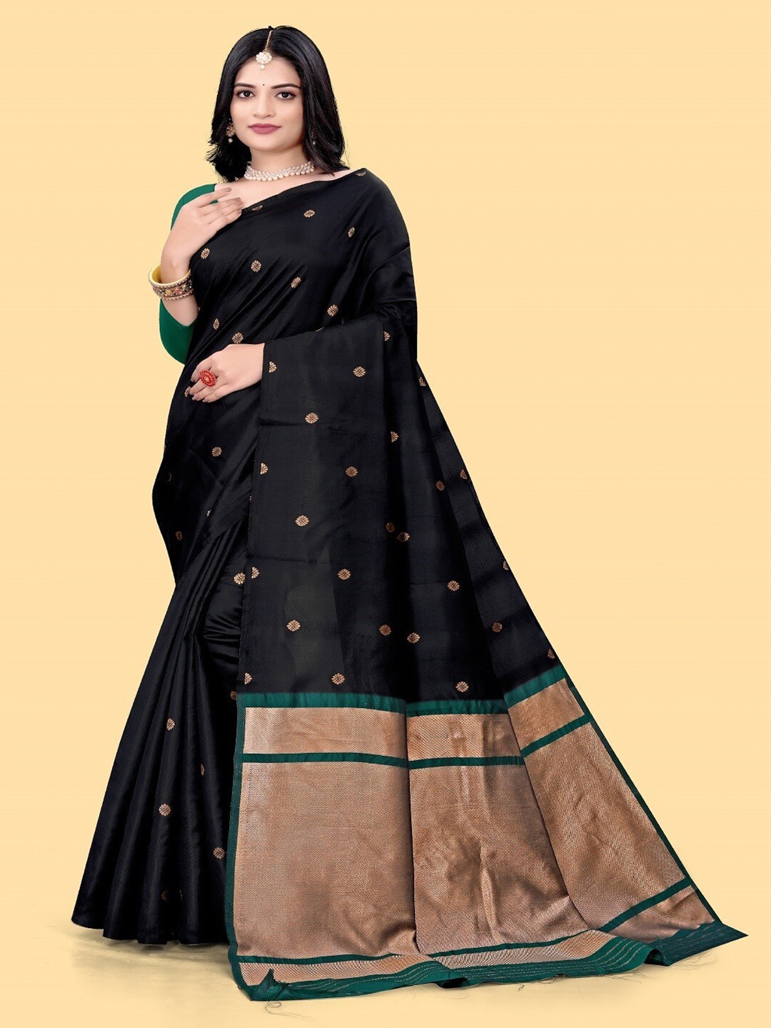 

mimi design Ethnic Motif Woven Design Zari Saree, Black