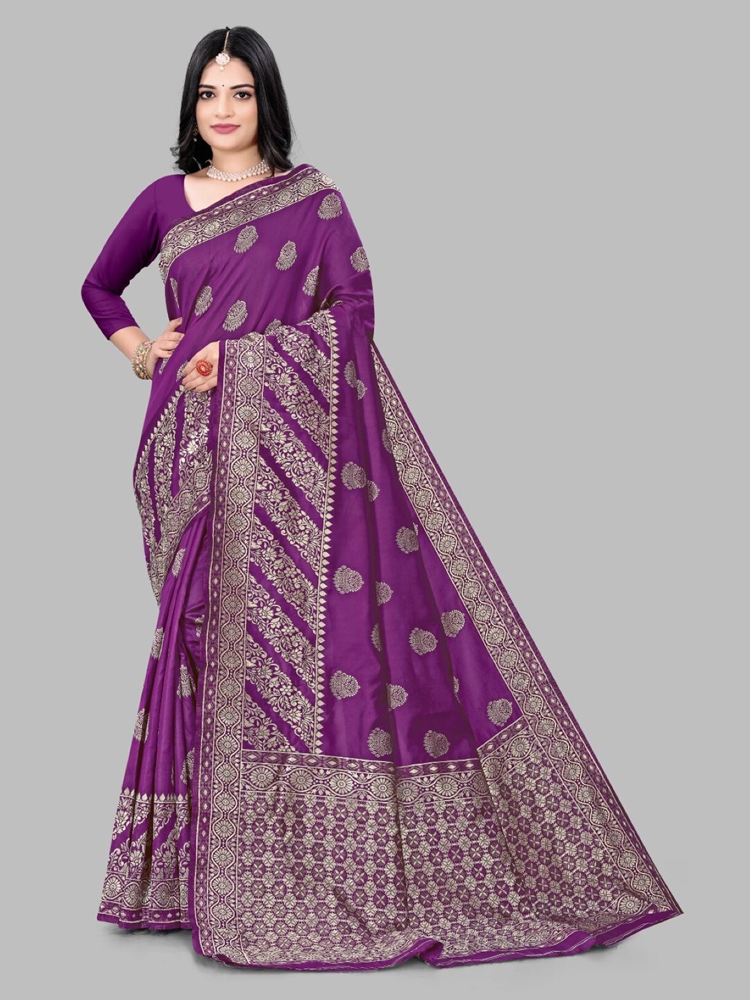 

mimi design Ethnic Motifs Woven Design Saree, Purple