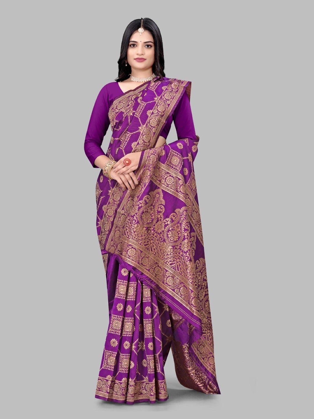 

mimi design Ethnic Motifs Woven Design Kanjeevaram Saree, Purple