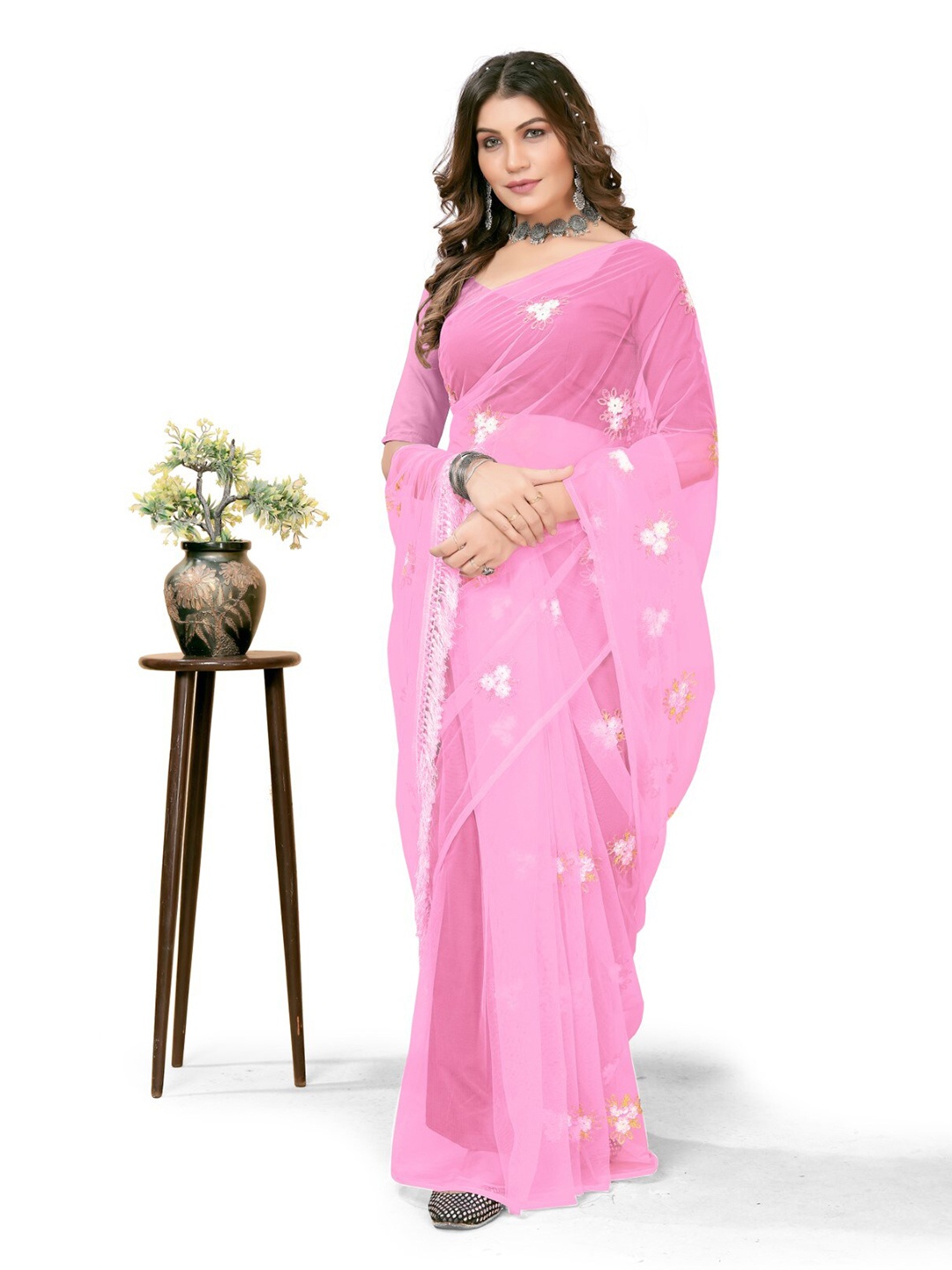 

mimi design Ethnic Motifs Mirror Work Net Saree, Pink