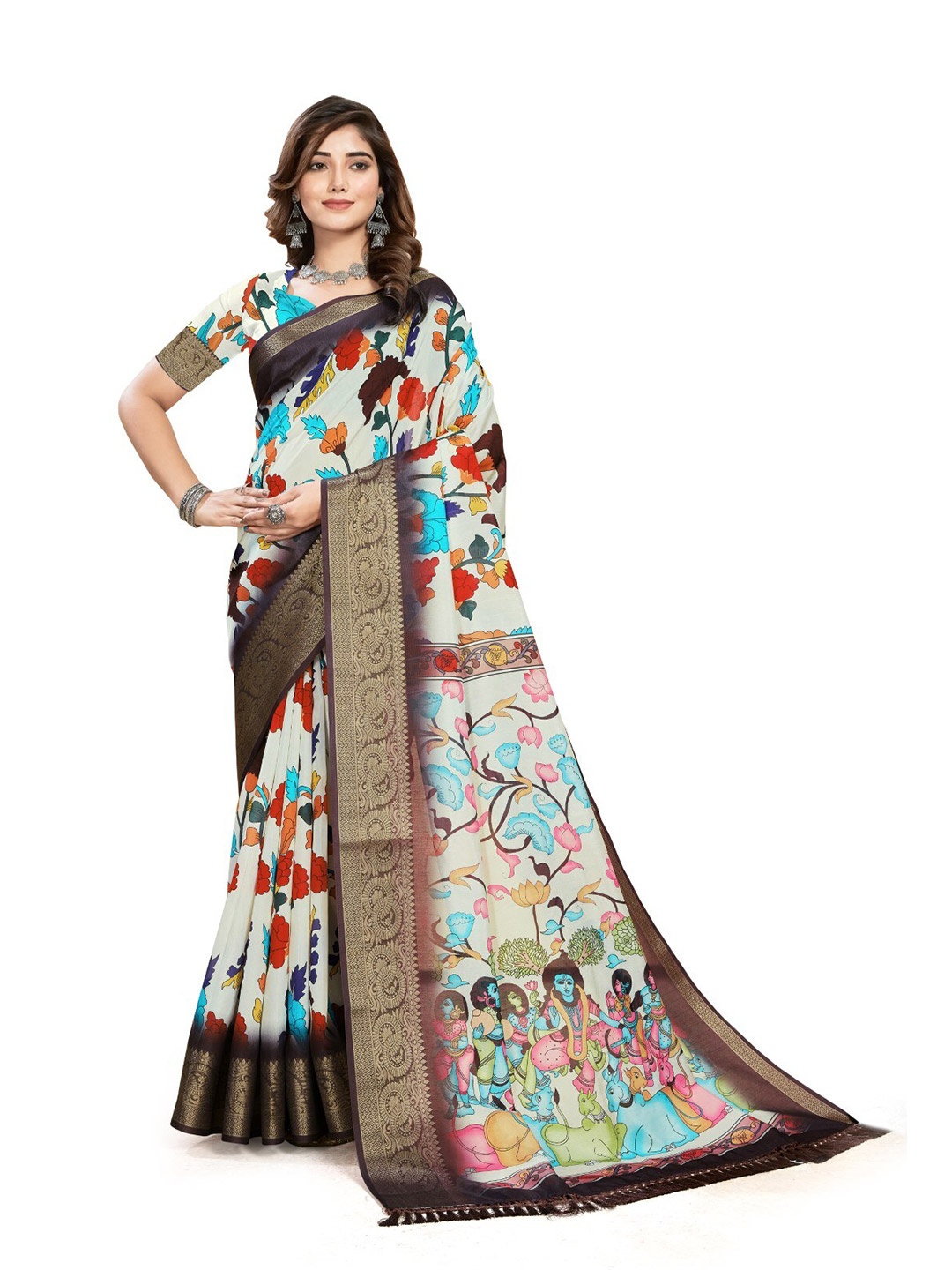 

mimi design Floral Print Kanjeevaram Saree, White