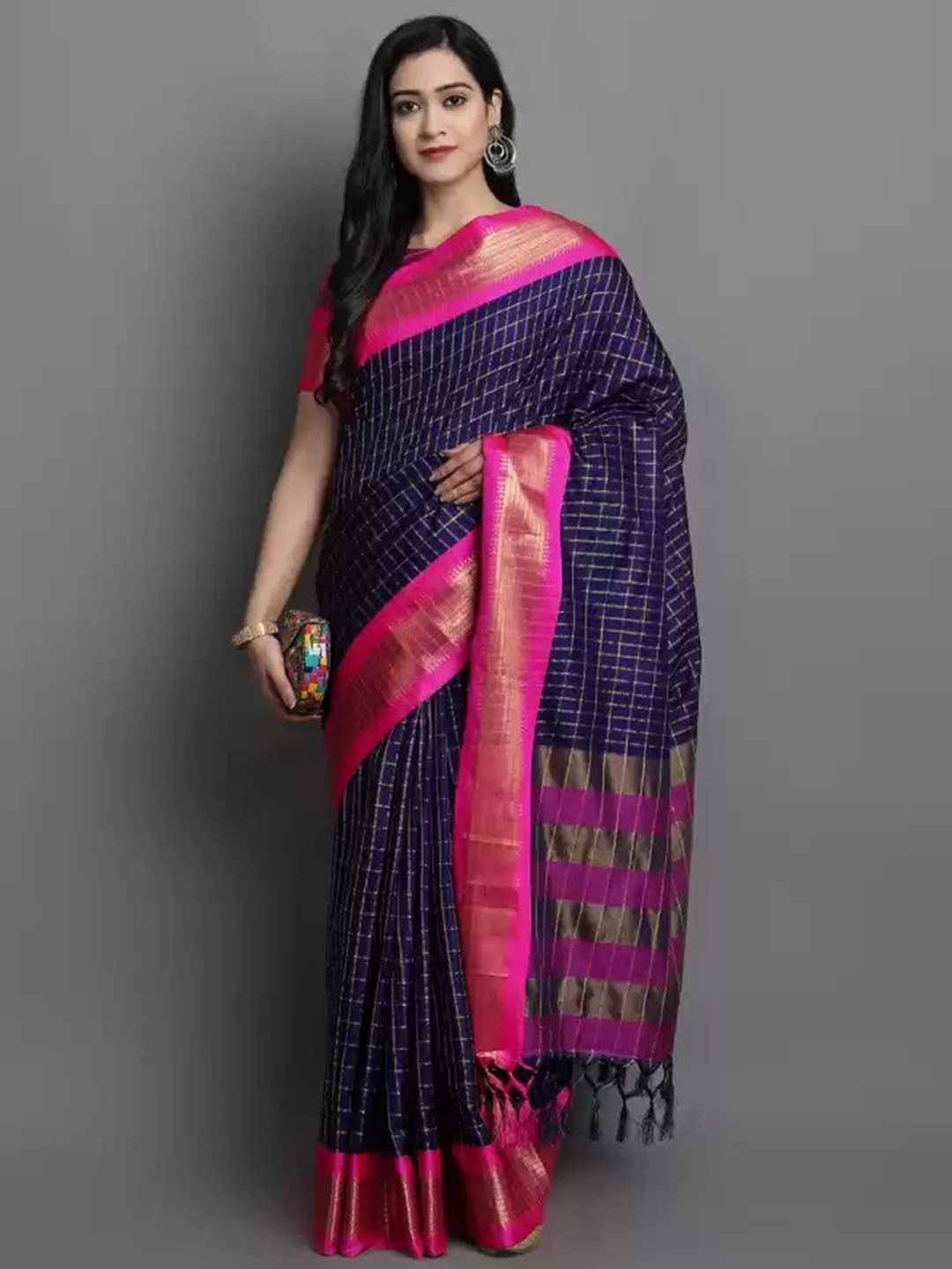 

mimi design Checked Zari Saree, Navy blue