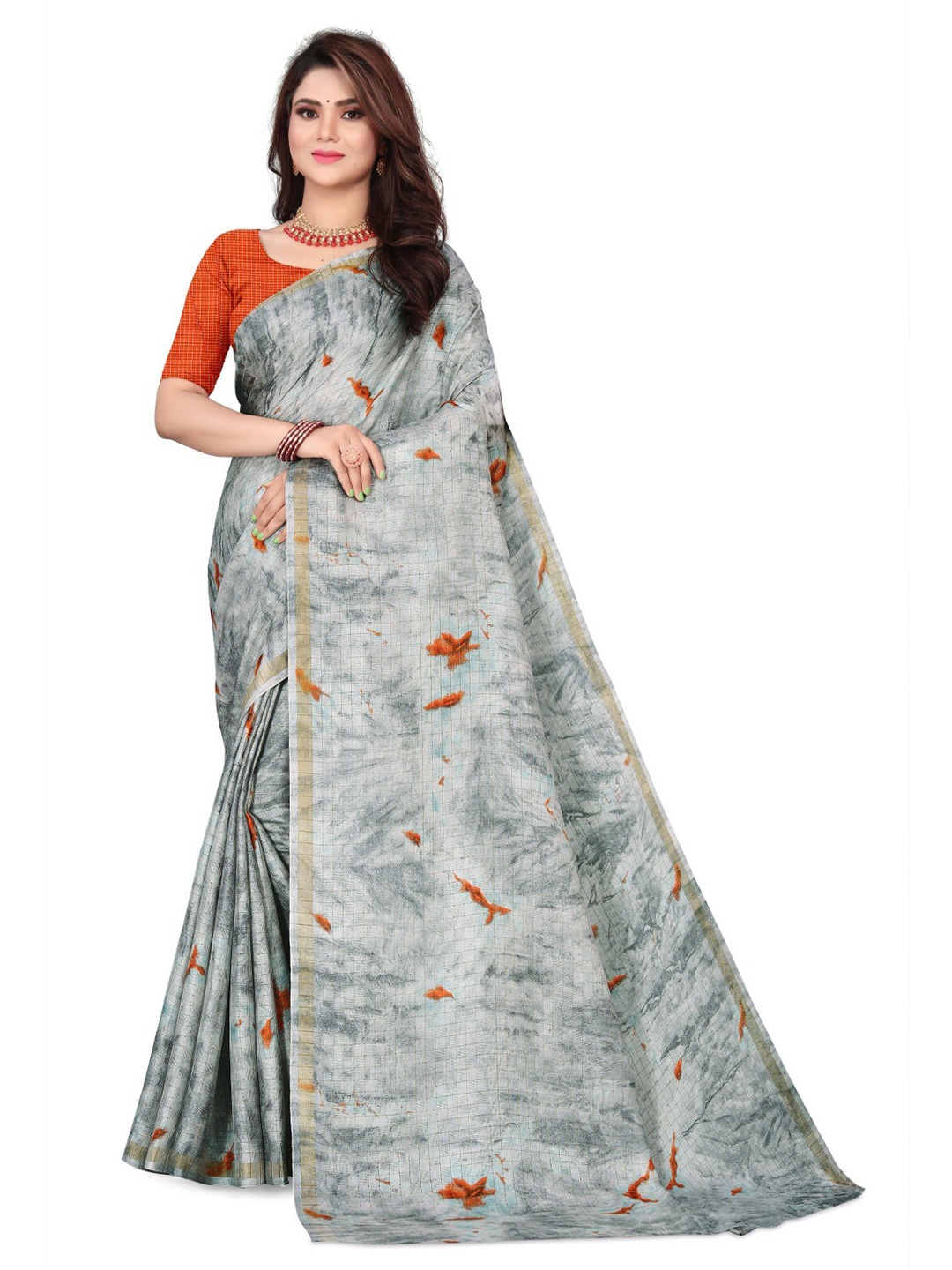 

mimi design Checked Abstract Printed Saree, Grey