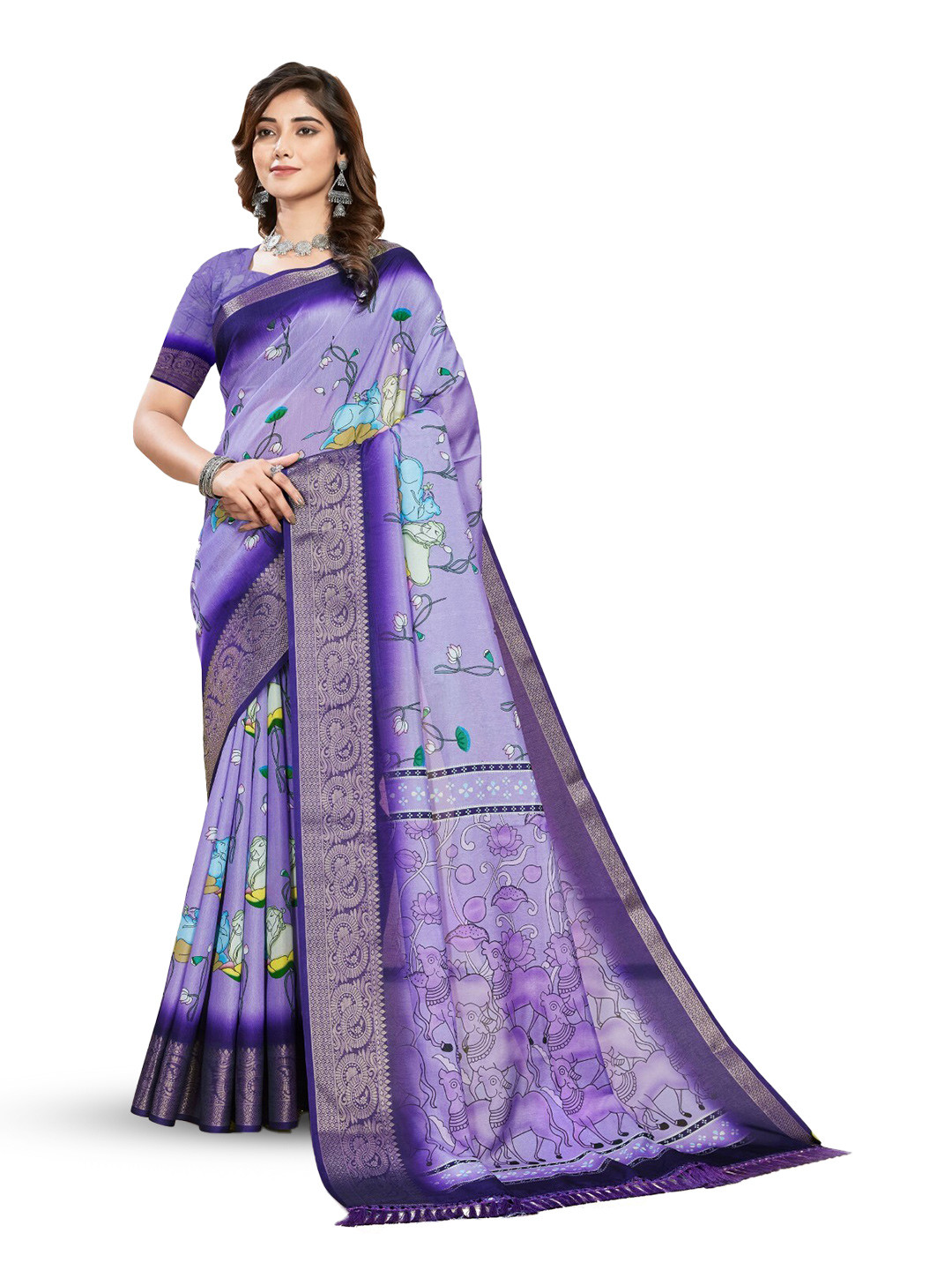 

mimi design Floral Printed Kanjeevaram Saree, Lavender