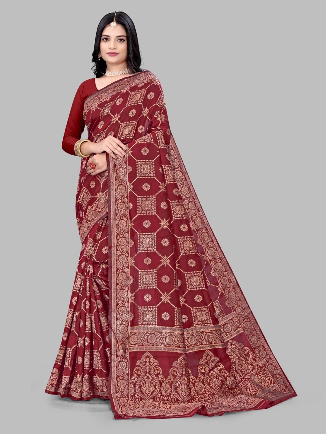 

mimi design Ethnic Motifs Woven Design Saree, Maroon