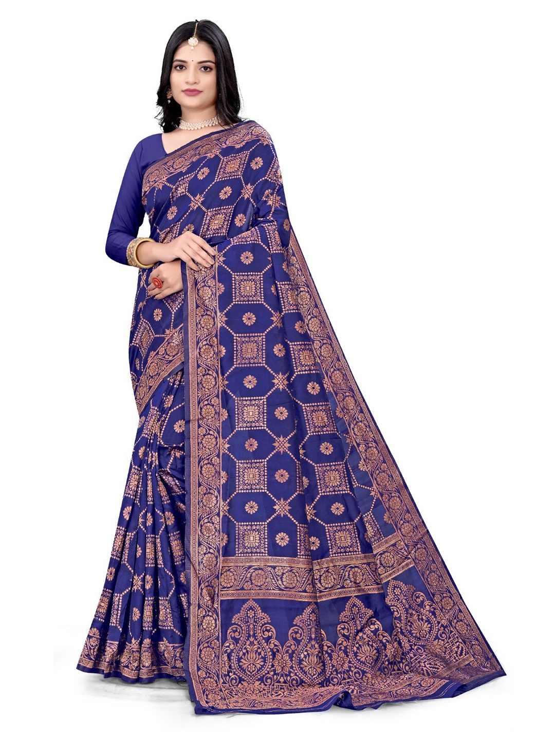 

mimi design Ethnic Motifs Woven Design Kanjeevaram Saree, Navy blue