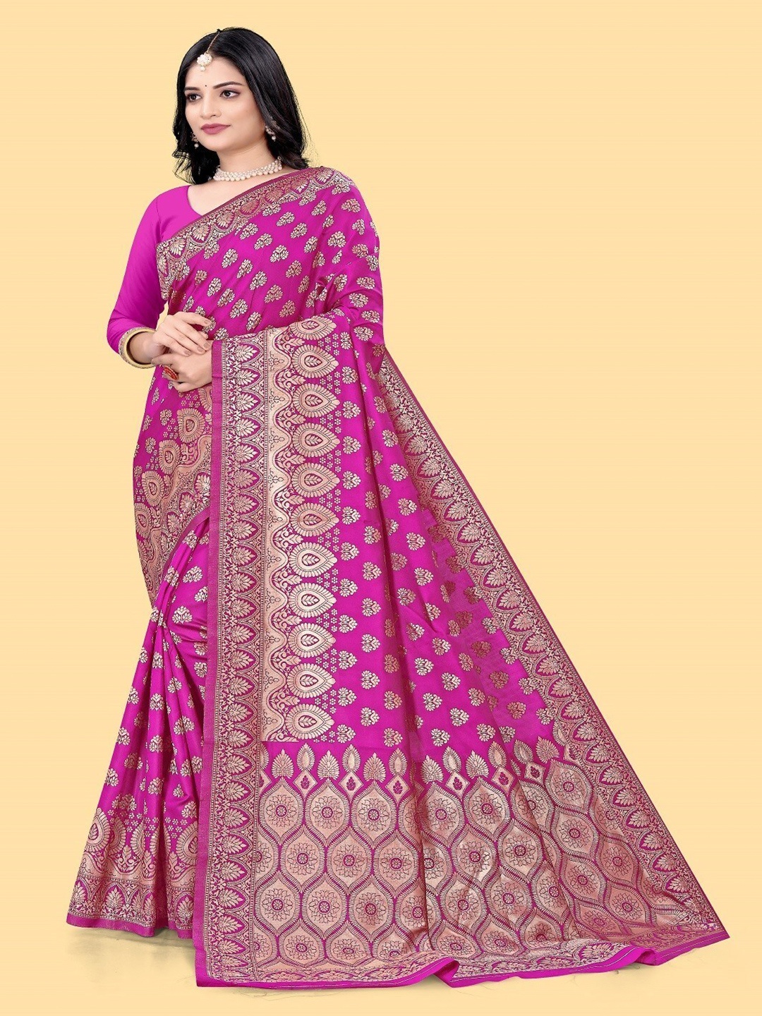 

mimi design Ethnic Motifs Woven Design Kanjeevaram Saree, Pink