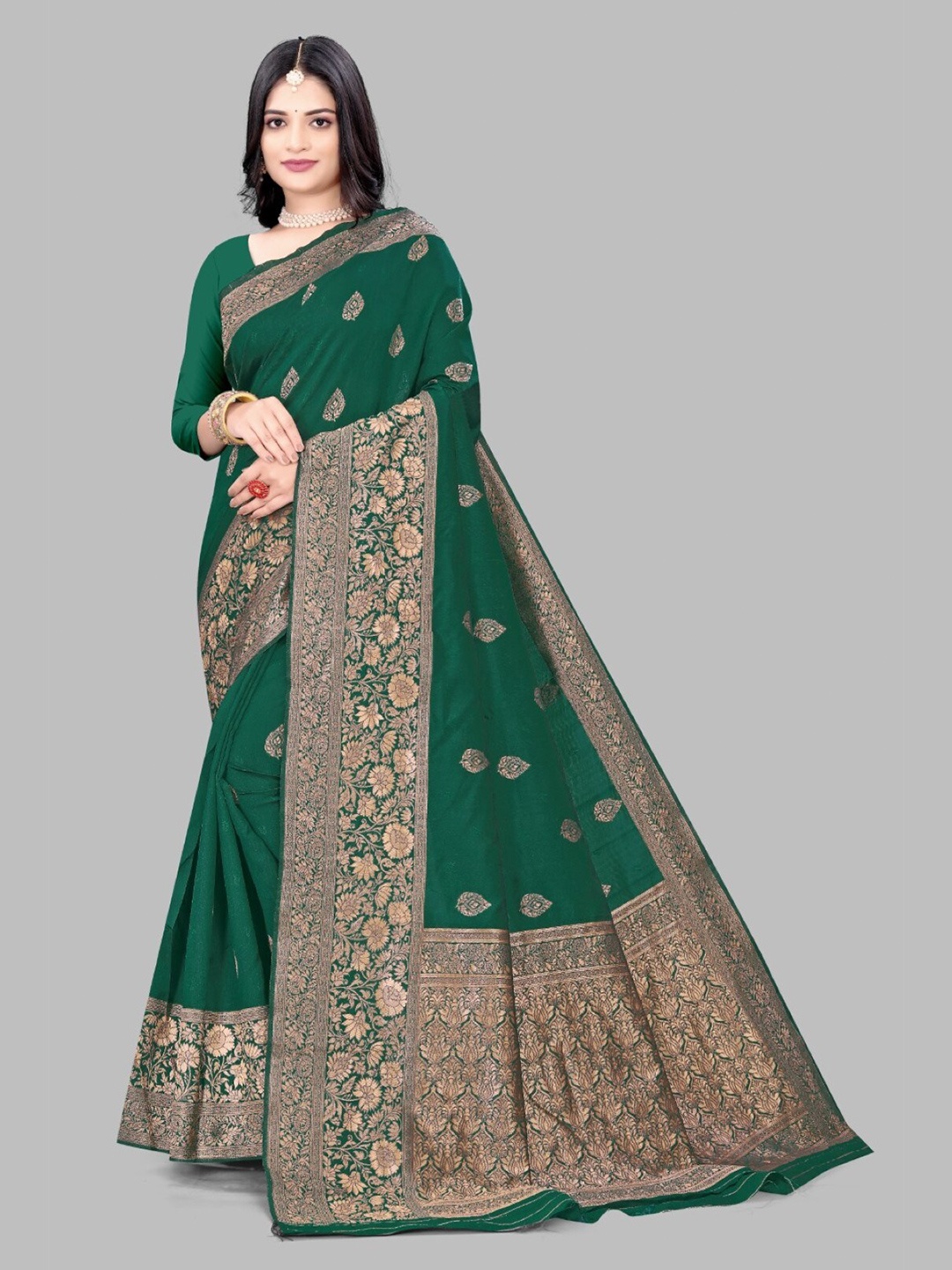 

mimi design Ethnic Motifs Woven Design Kanjeevaram Saree, Green