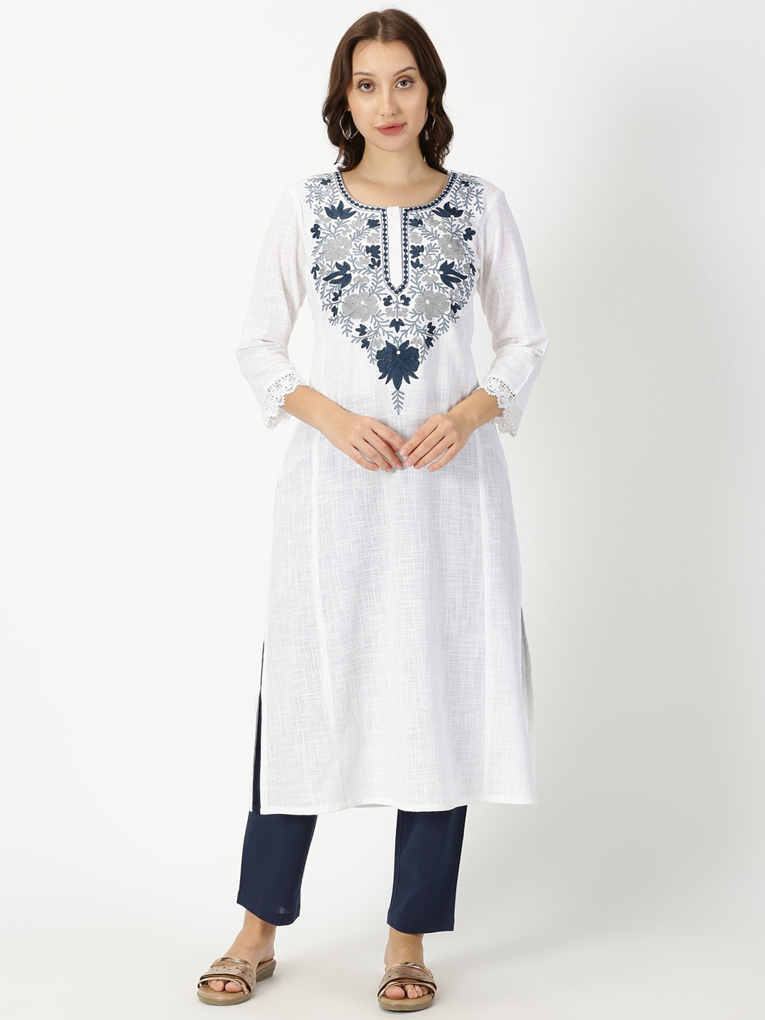 

Saffron Threads Textured Kashida Pure Cotton Straight Kurta, White