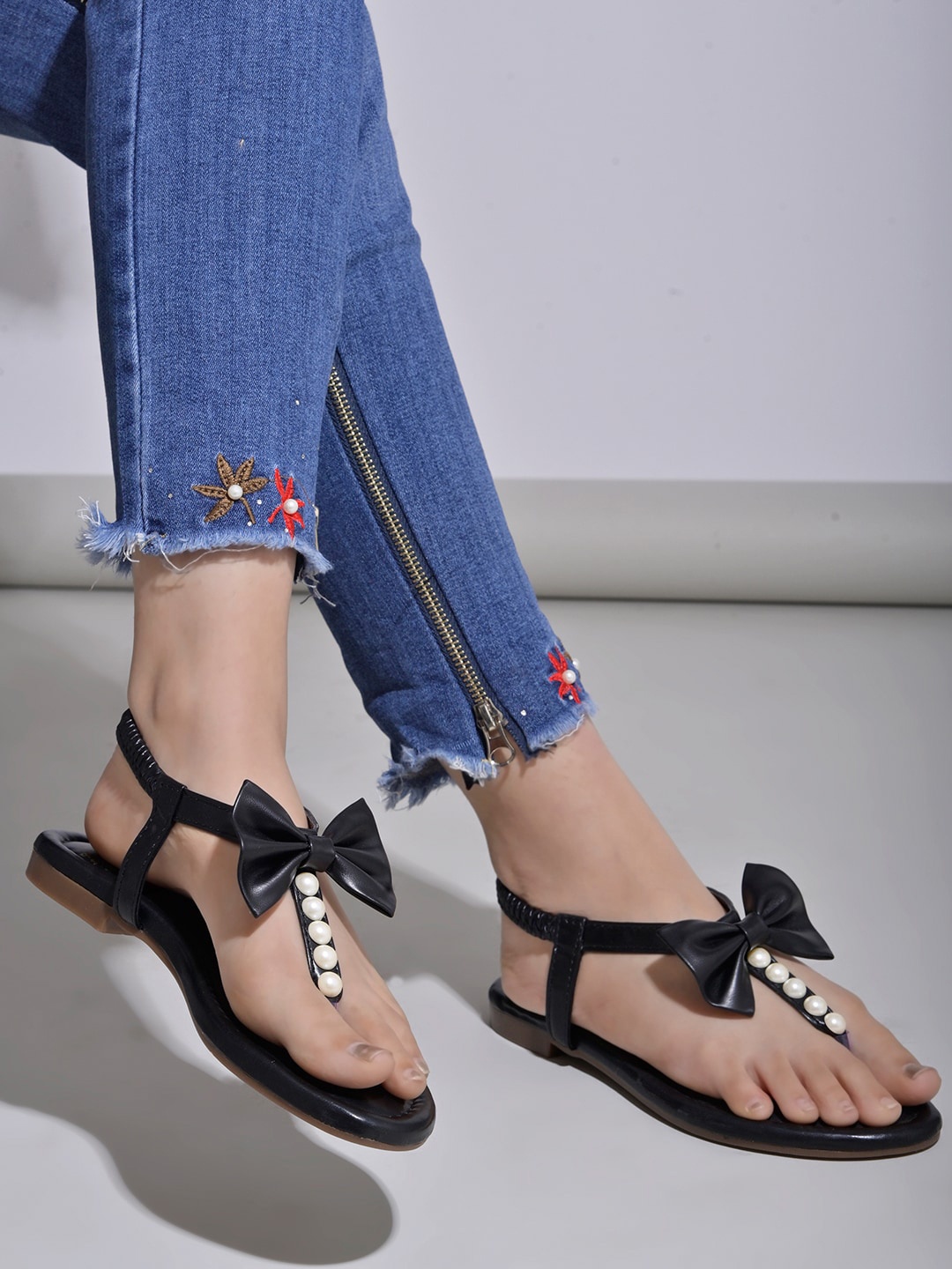 

Shoetopia Embellished Bow Detail Open Toe Flats, Black