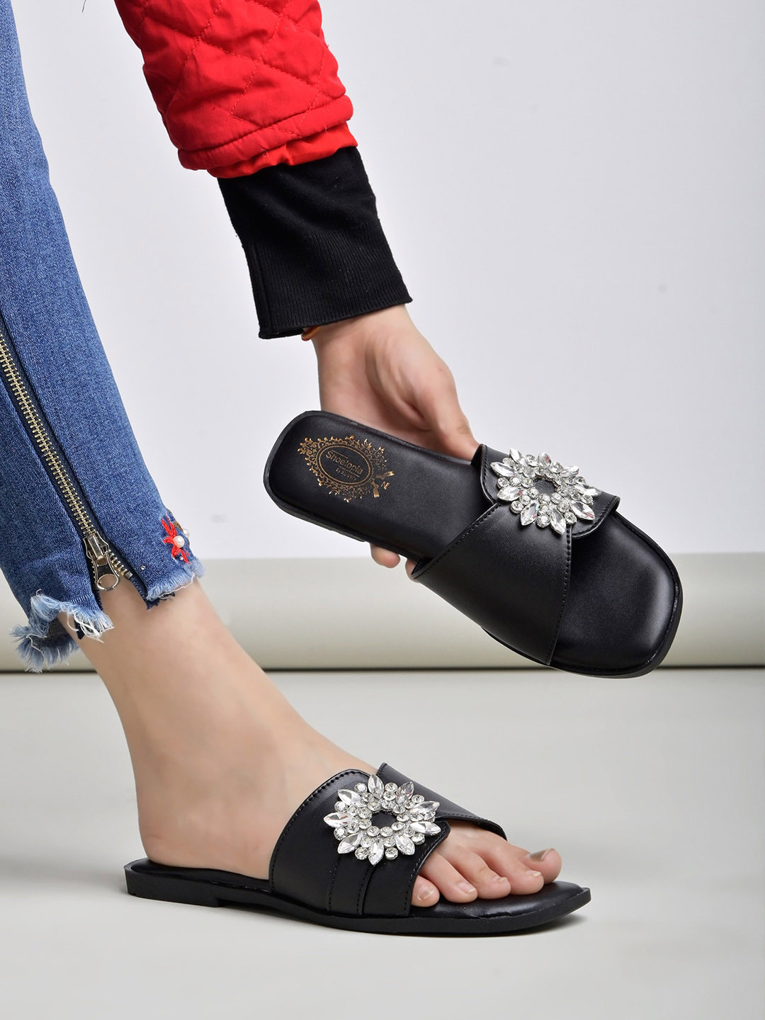 

Shoetopia Embellished Open Toe Flats, Black