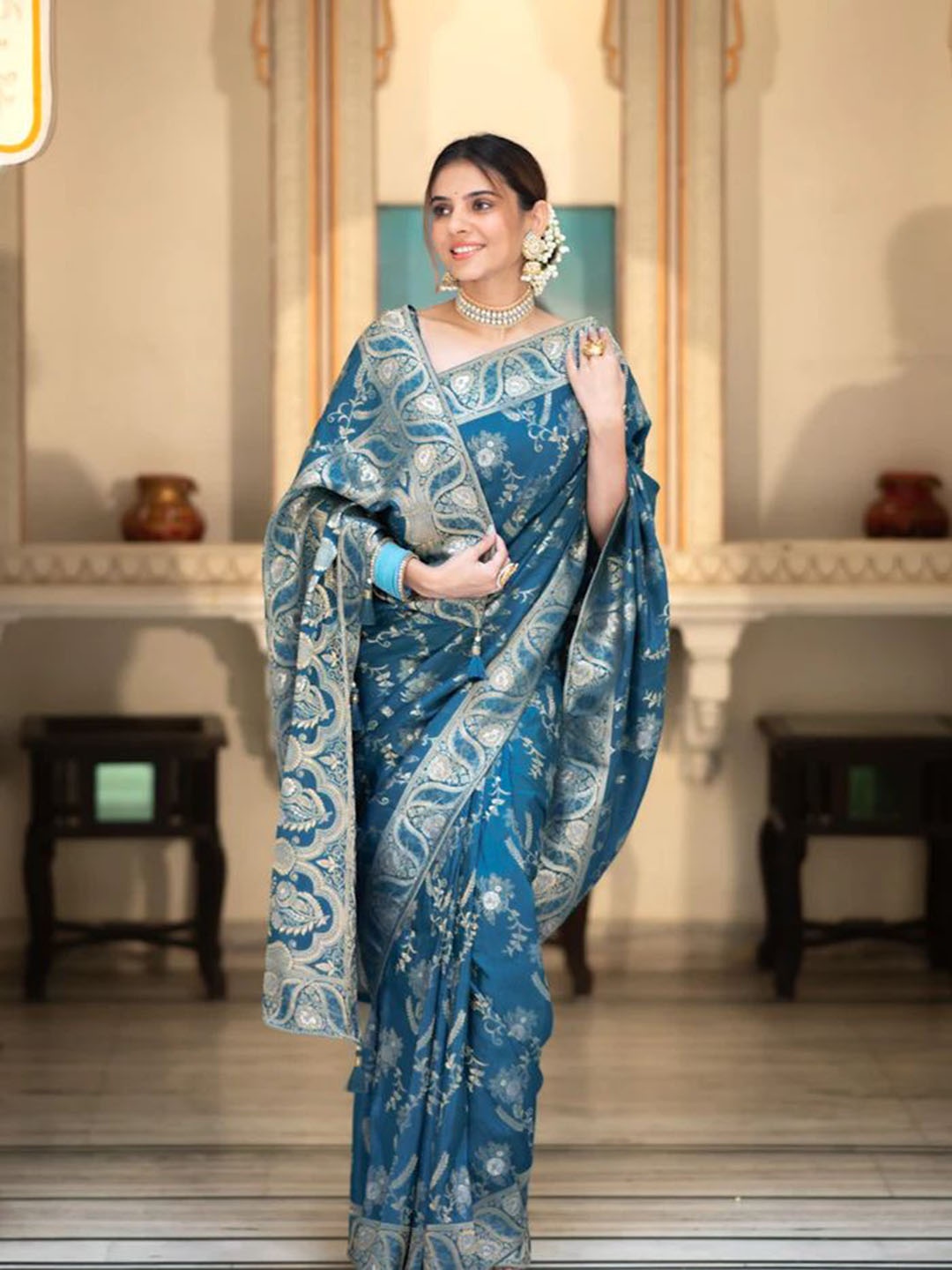 

MORLY Floral Zari Kanjeevaram Saree, Teal