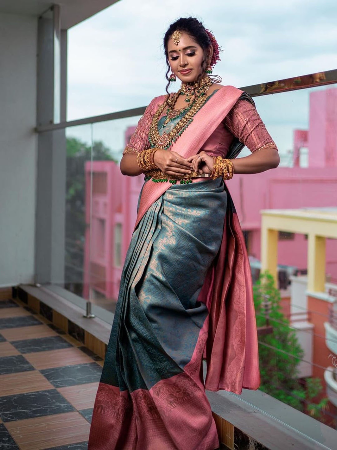 

MORLY Ethnic Motifs Zari Kanjeevaram Saree, Teal