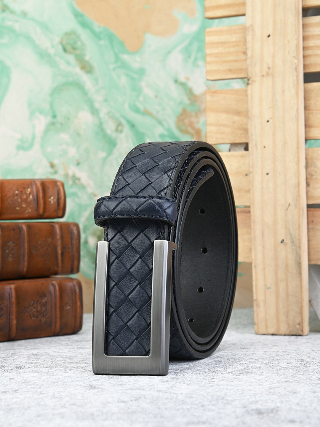 

BuckleUp Men Textured Casual Belt, Navy blue