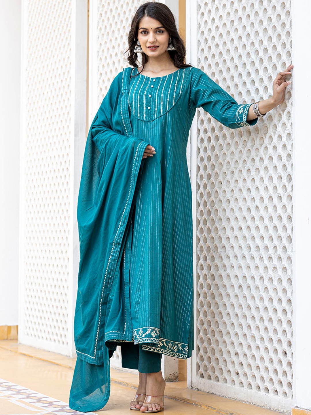 

KAAJH Striped Pure Cotton Kurta with Trousers With Dupatta, Sea green