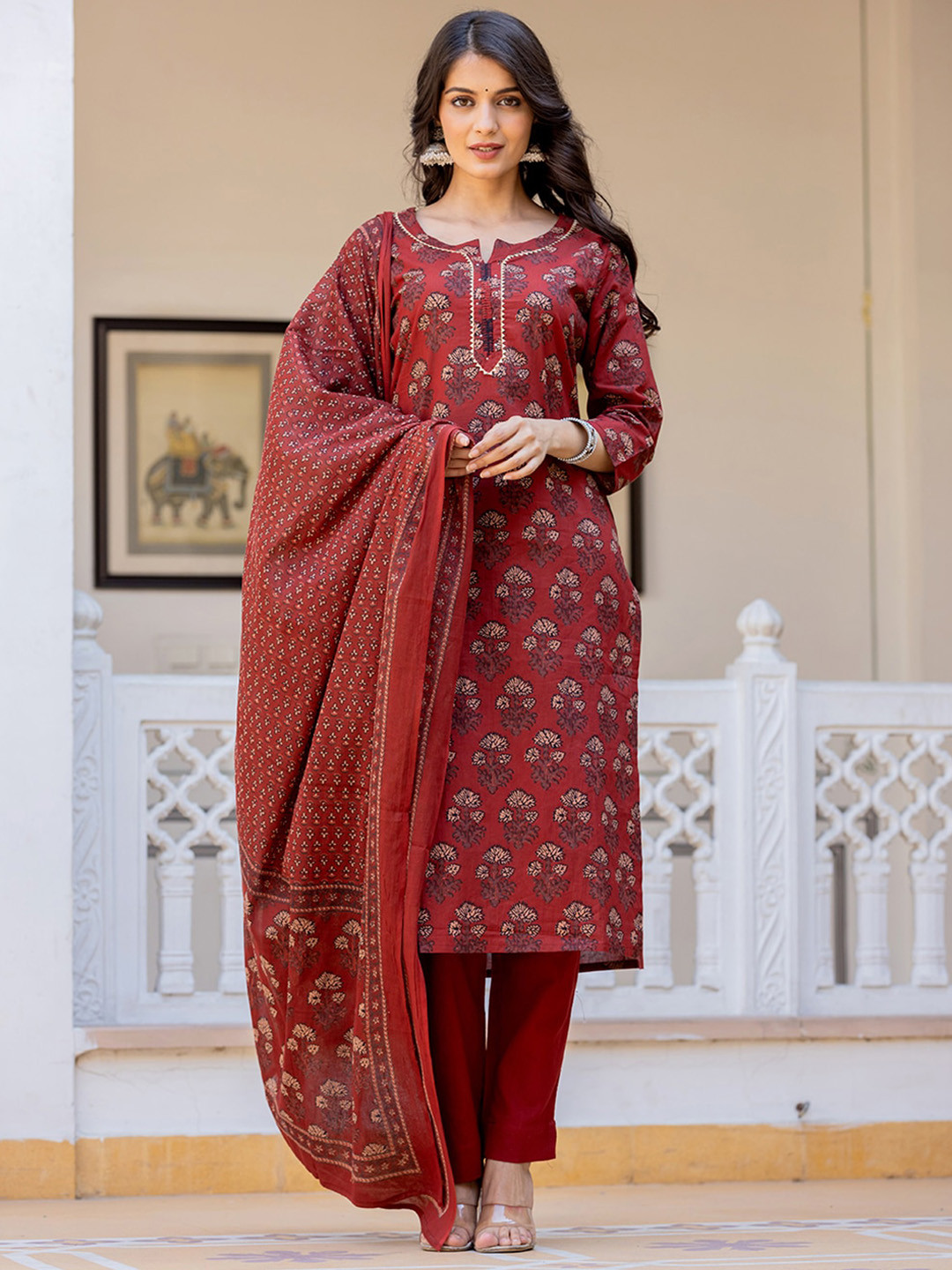 

KAAJH Ethnic Motifs Printed Thread Work Pure Cotton Kurta with Trousers & Dupatta, Red