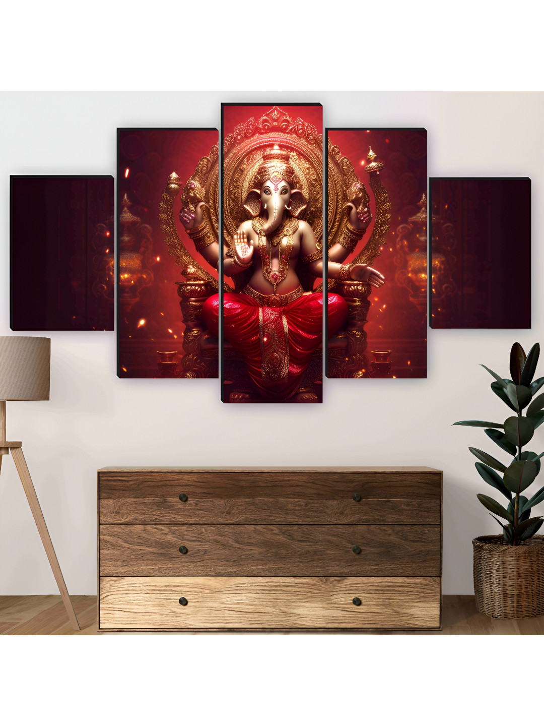 

SAF Red & Brown 5 Pieces Wooden Ganesha Wall Arts