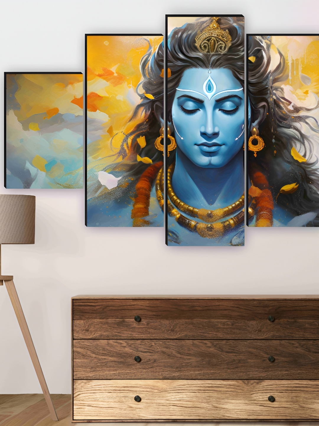 

SAF Yellow & Blue 5 Pieces Wooden Shiva Wall Arts