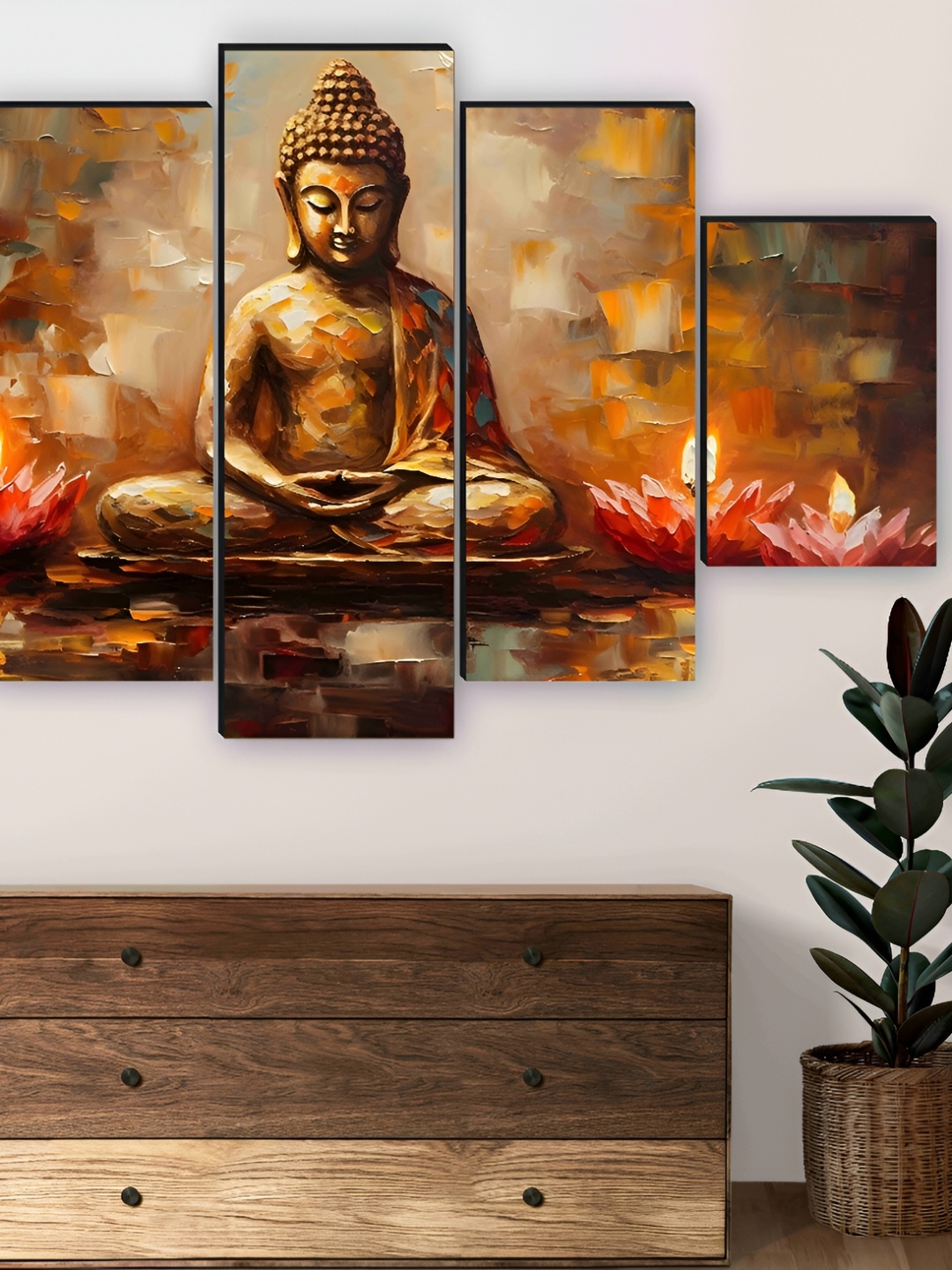 

SAF Brown & Orange 5 Pieces Wooden Buddha Wall Arts