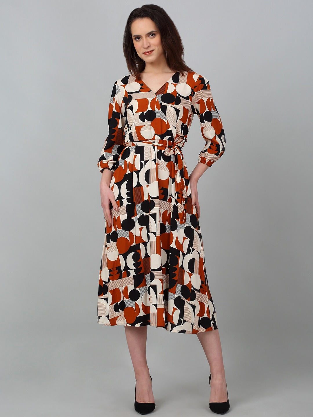 

Cantabil Geometric Printed Fit & Flare Tie-Ups Midi Dress, Brown