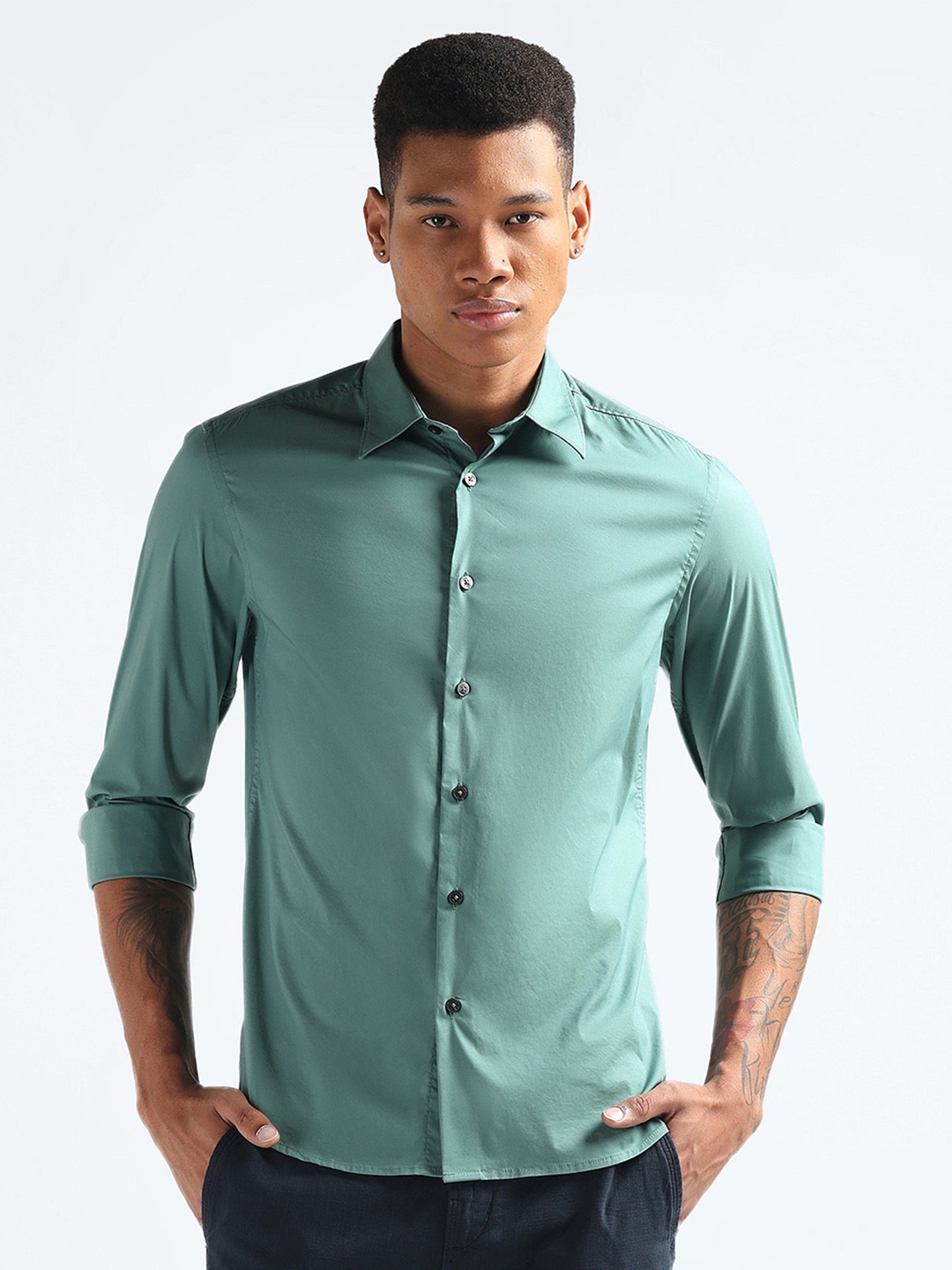 

Flying Machine Slim Fit Spread Collar Twill Casual Shirt, Blue