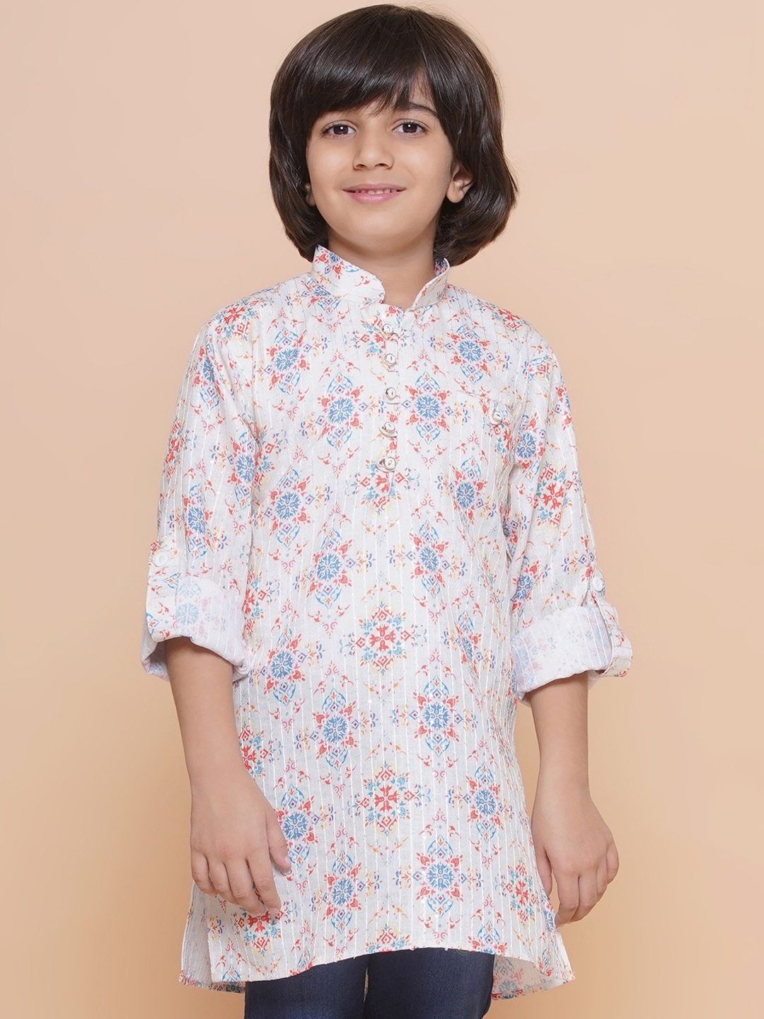 

Aj DEZInES Boys Floral Printed Mandarin Collar Cotton Kurta, Cream