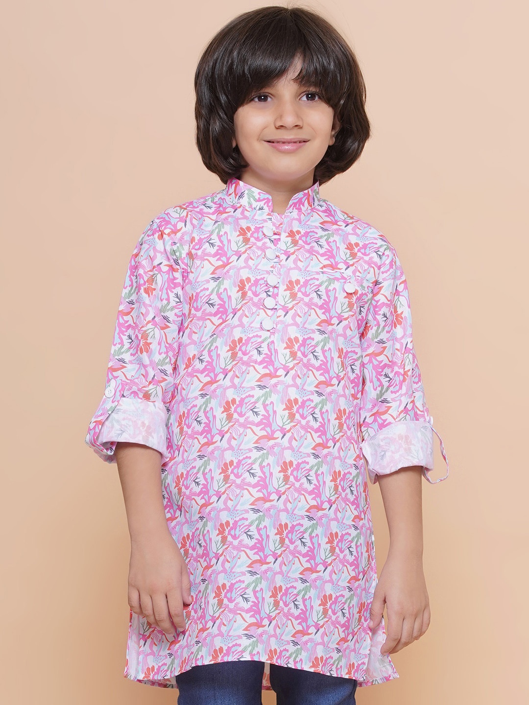 

Aj DEZInES Boys Floral Printed Mandarin Collar Cotton Kurta, Pink