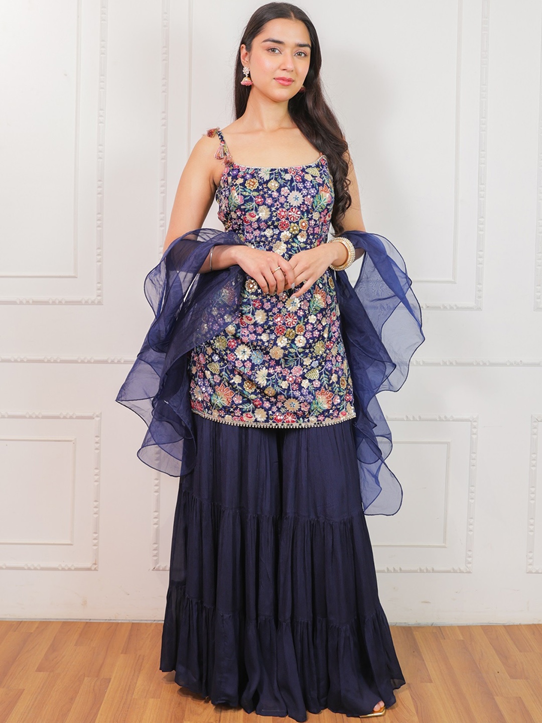 

ALIYANA Floral Printed Beads & Stones Velvet Straight Kurti With Sharara & Dupatta, Navy blue