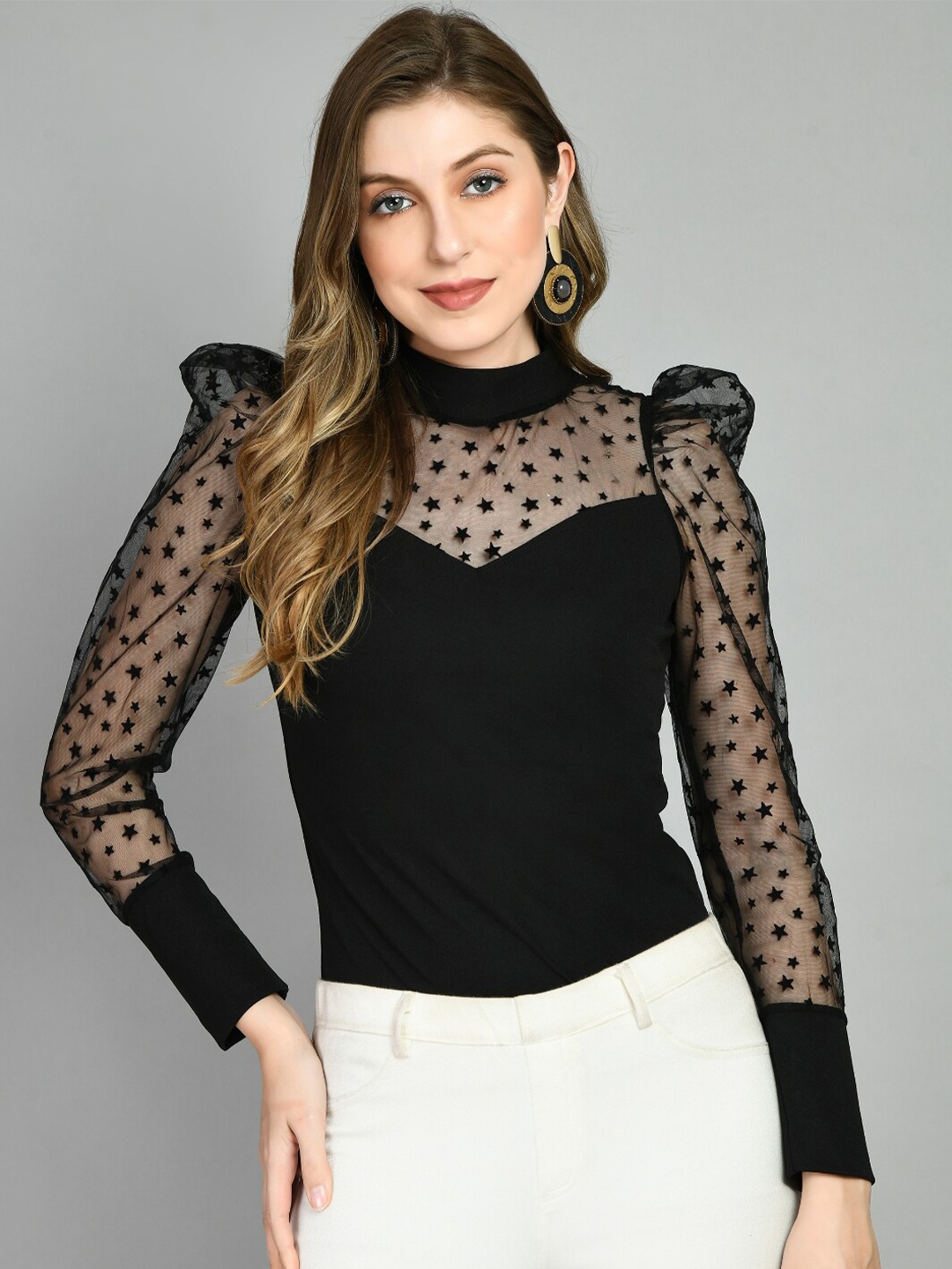 

BAESD High Neck Net Puff Sleeves Top, Black