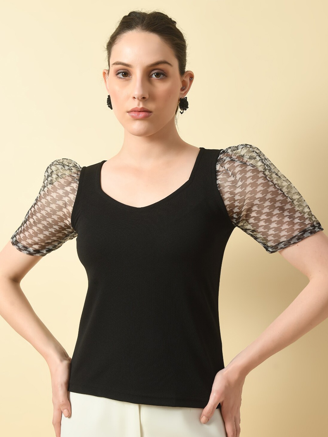 

BAESD V-Neck Puff Sleeve Top, Black