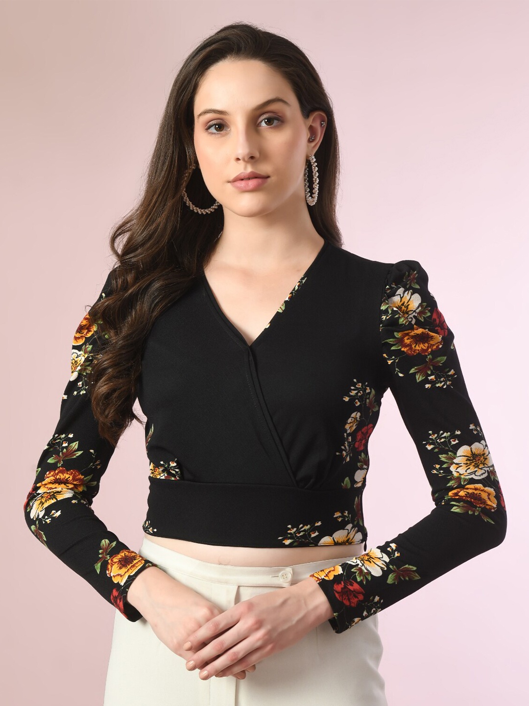 

BAESD Floral Printed V-Neck Wrap Top, Black