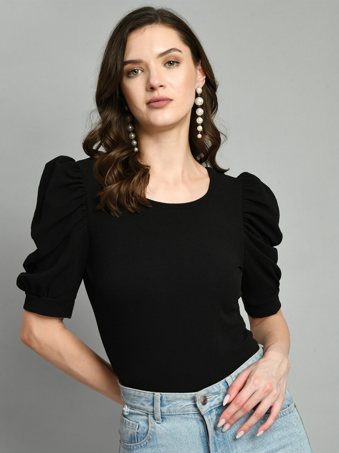 

BAESD Round Neck Puff Sleeve Top, Black