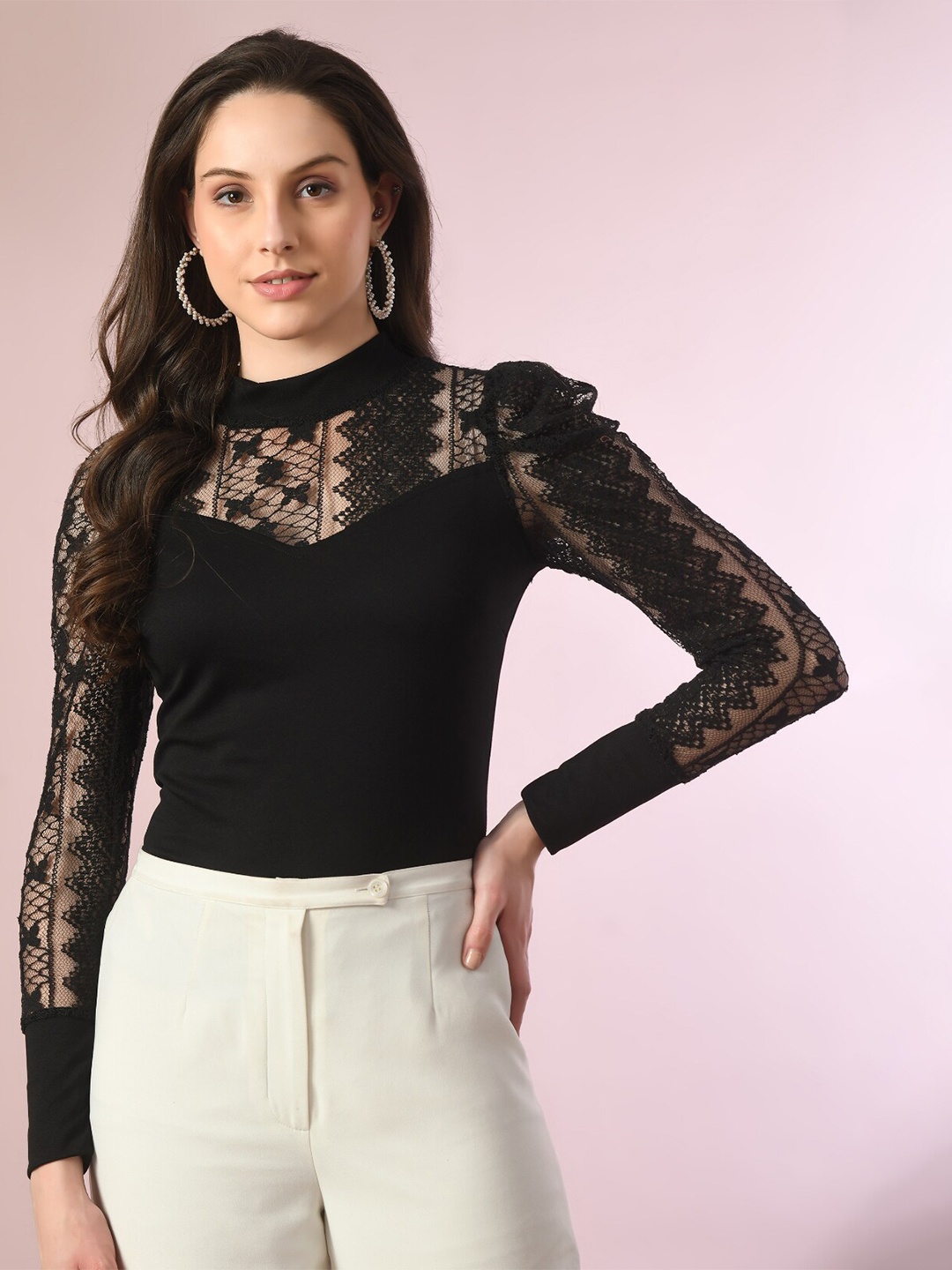 

BAESD Self Design High Neck Puff Sleeve Lace Up Top, Black