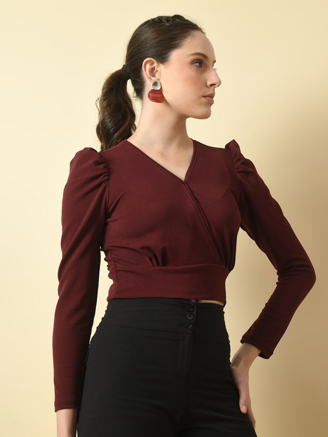 

BAESD V-Neck Puff Sleeve Crop Wrap Top, Maroon