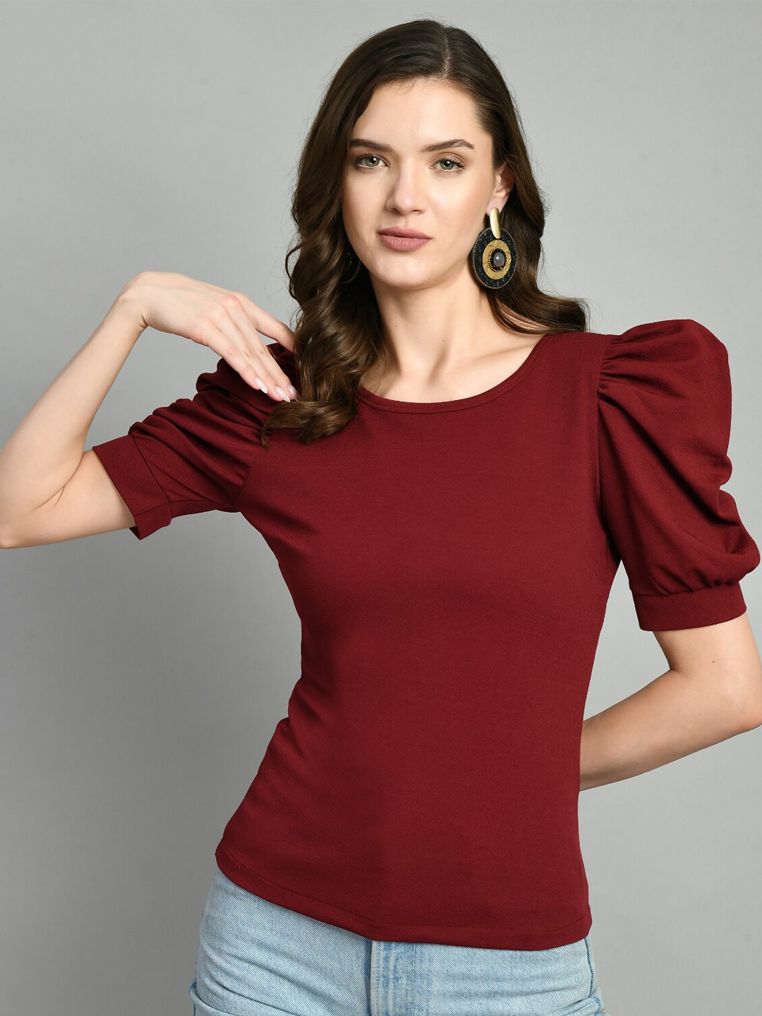 

BAESD Round Neck Puff Sleeve Top, Maroon