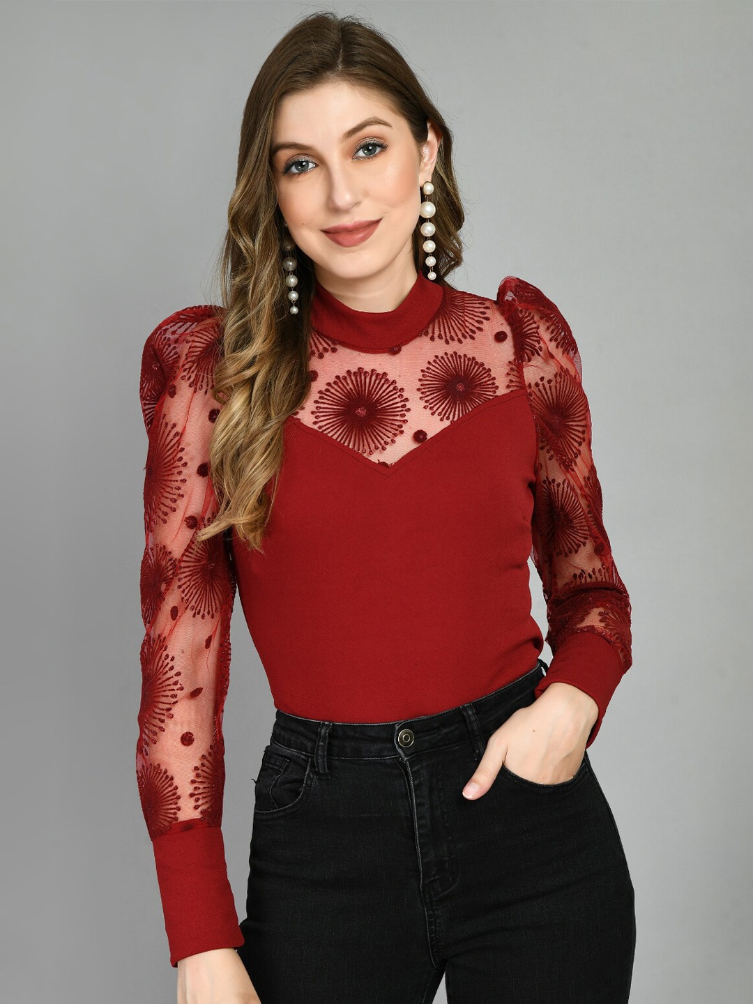 

BAESD Self Design Puff Sleeves High Neck Top, Maroon