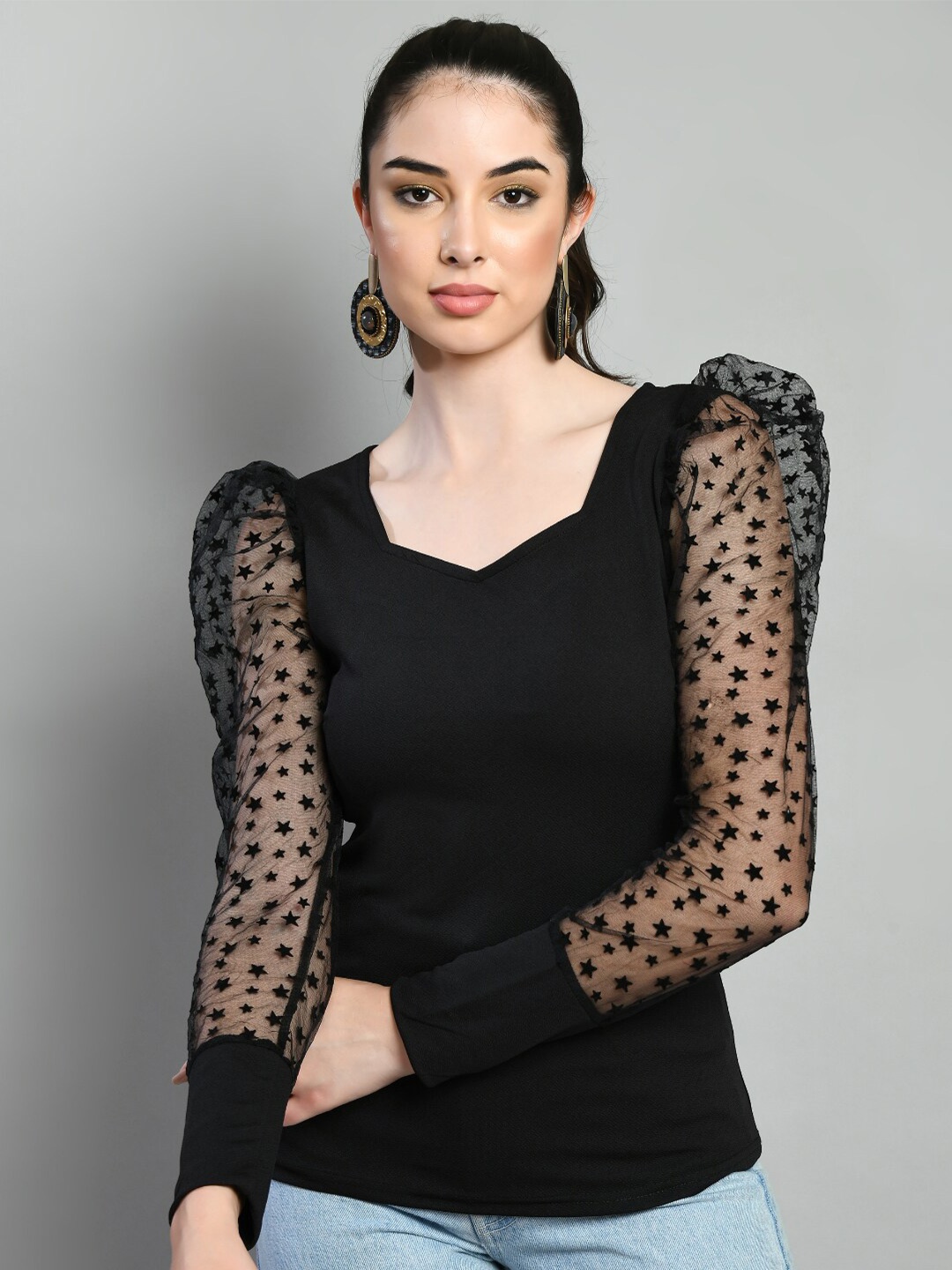 

BAESD Sweetheart Neck Puffed Sleeves Top, Black