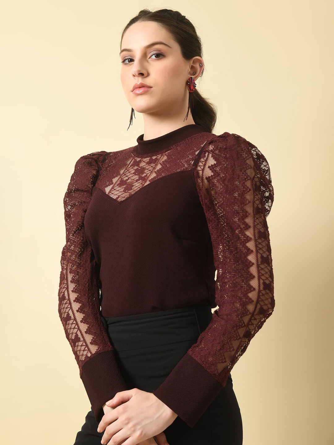 

BAESD High Neck Puffed Sleeves Lace Inserts Top, Purple