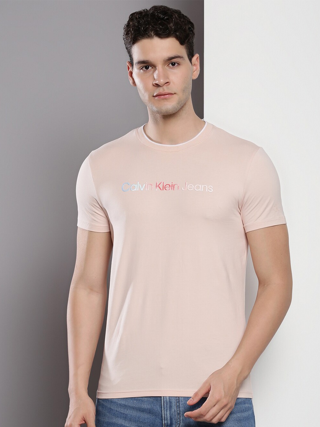 Calvin Klein Men Brand Logo Printed Slim Fit T-shirt, Pink