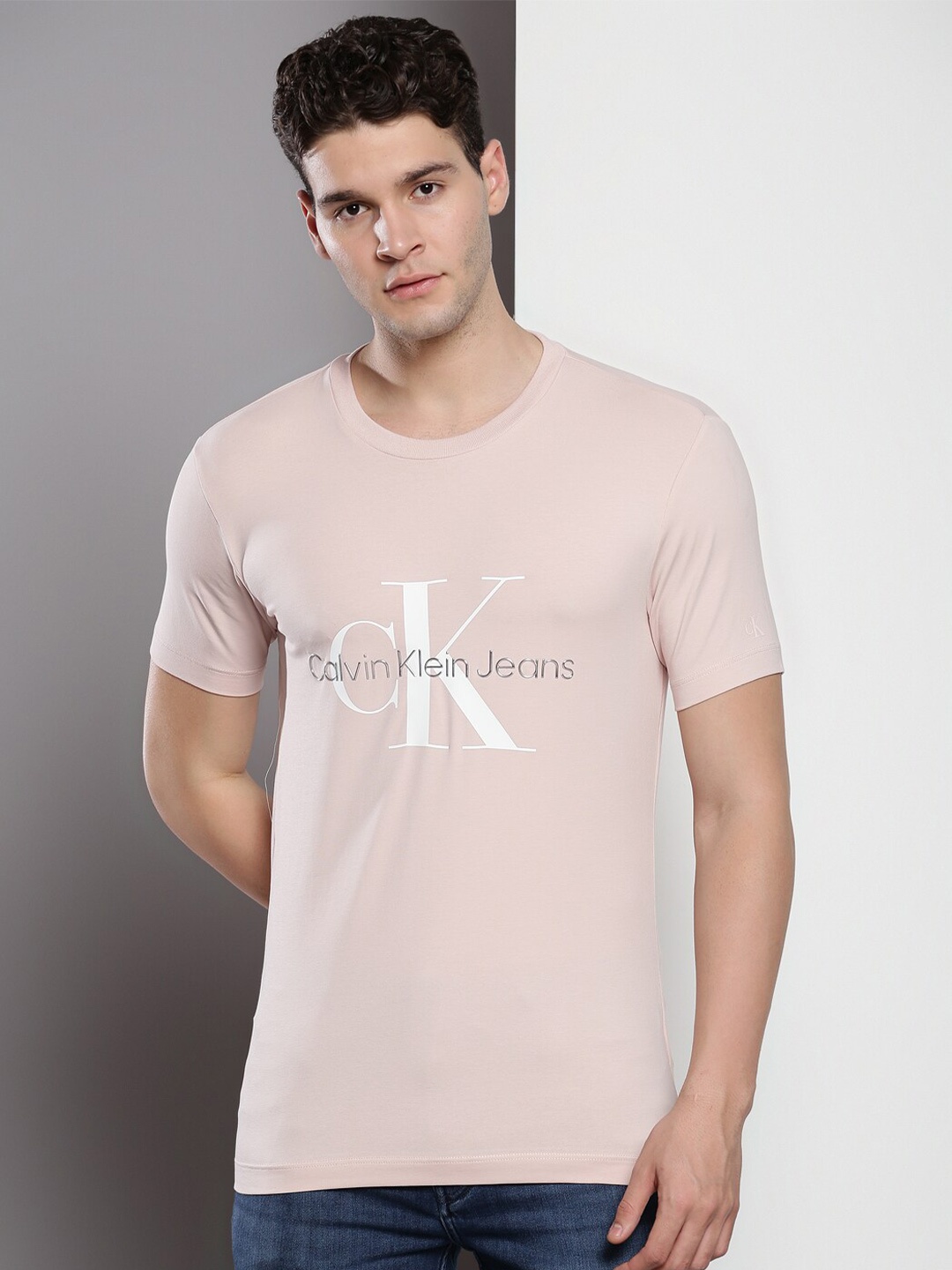 Calvin Klein Typography Printed Round Neck Slim Fit T-shirt, Pink